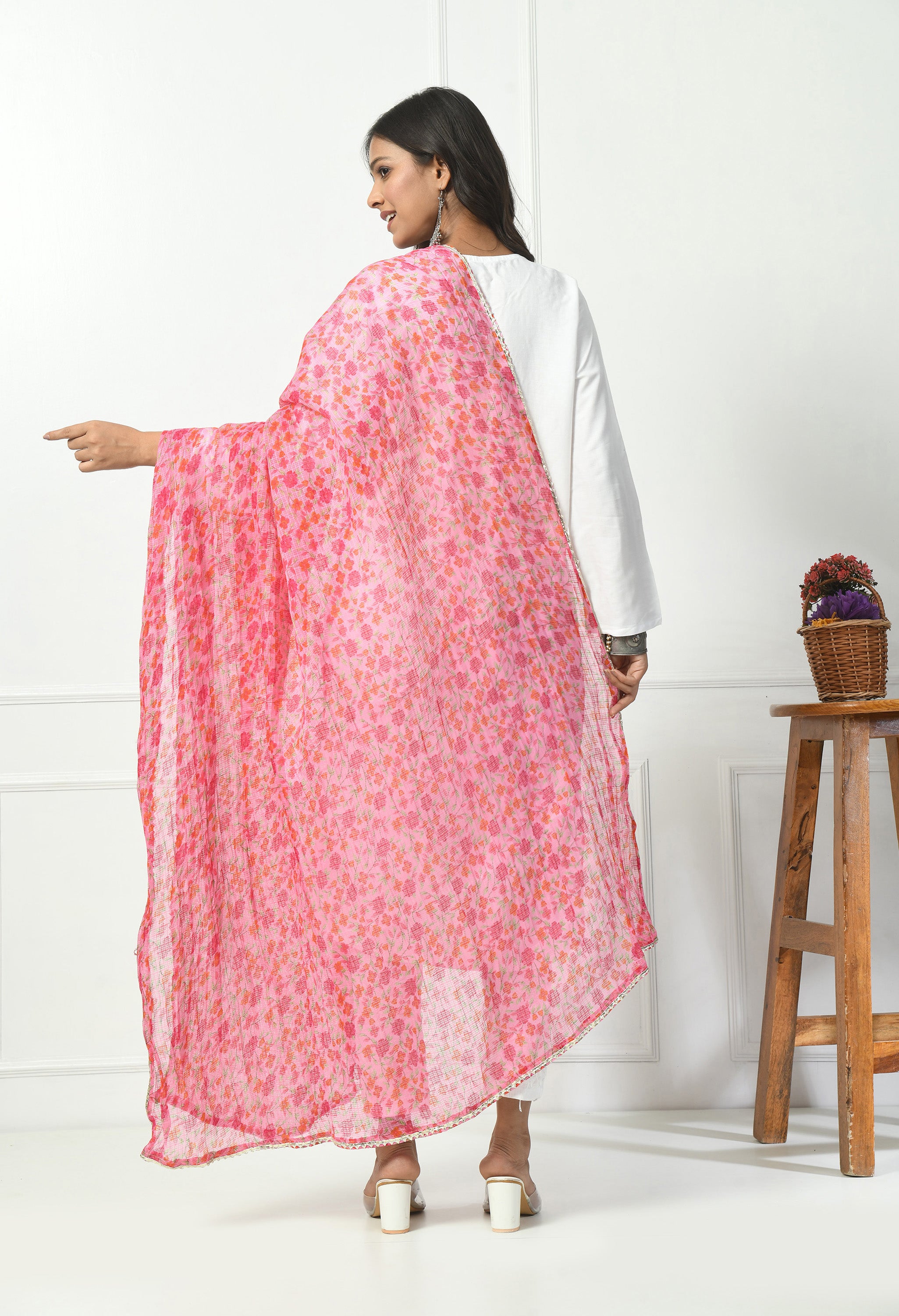 Floral Pink Kota Doria Cotton Dupatta