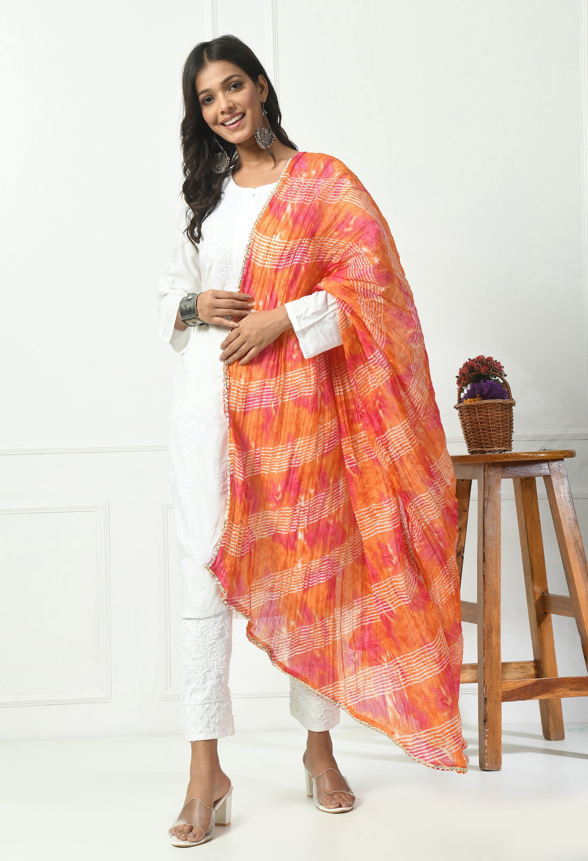 Orange & Pink Kota Doria Cotton Dupatta