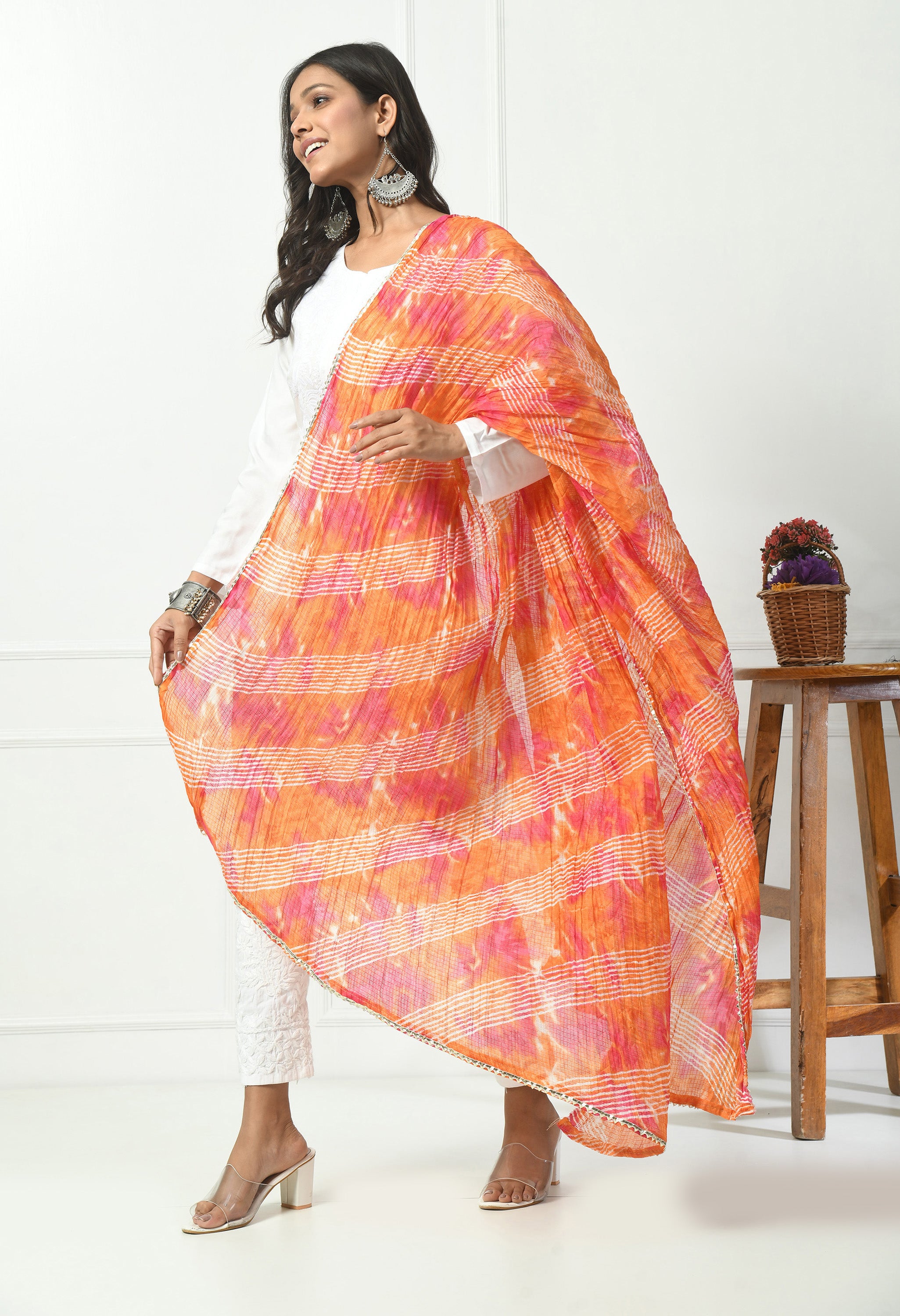 Orange & Pink Kota Doria Cotton Dupatta