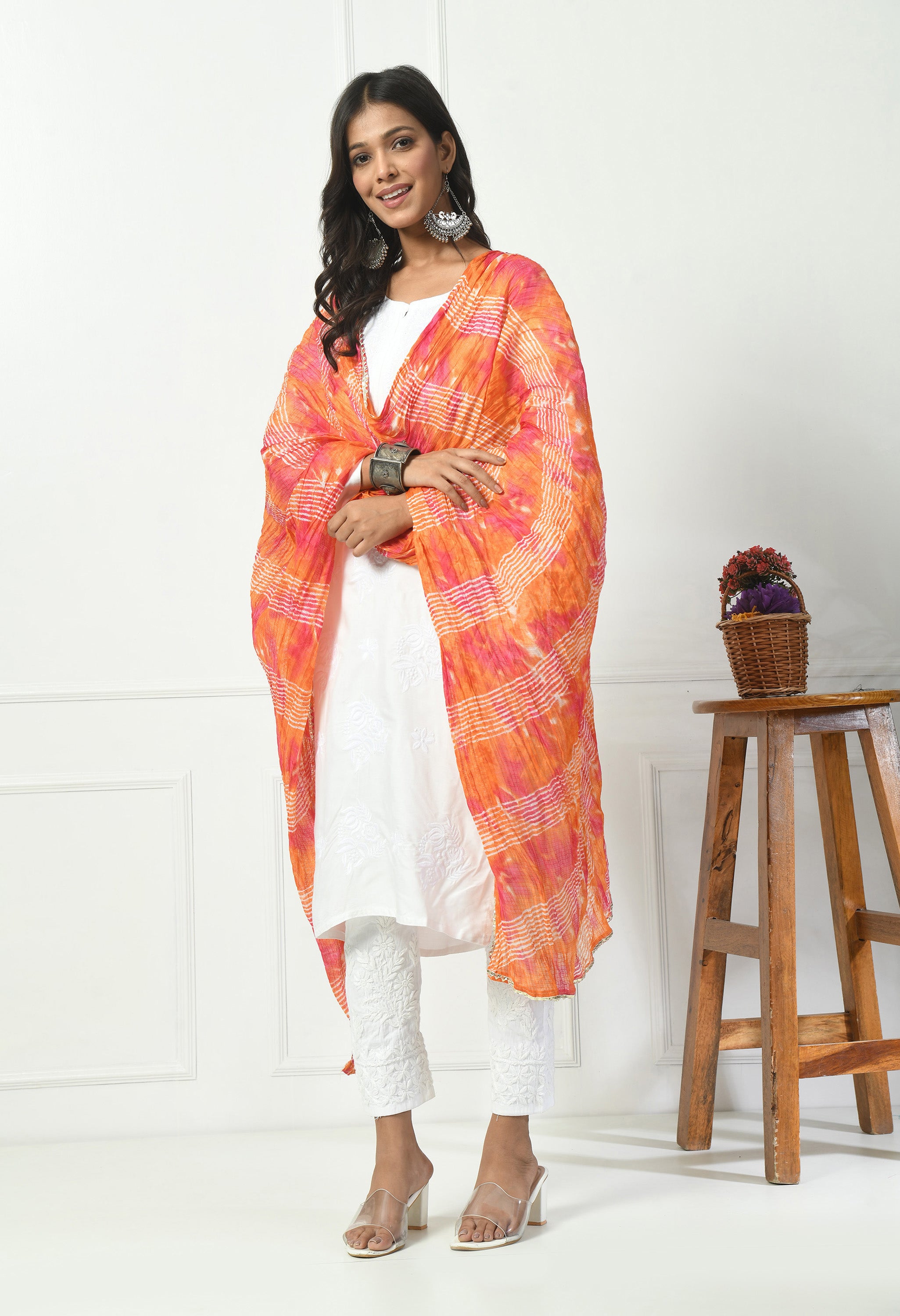 Orange & Pink Kota Doria Cotton Dupatta