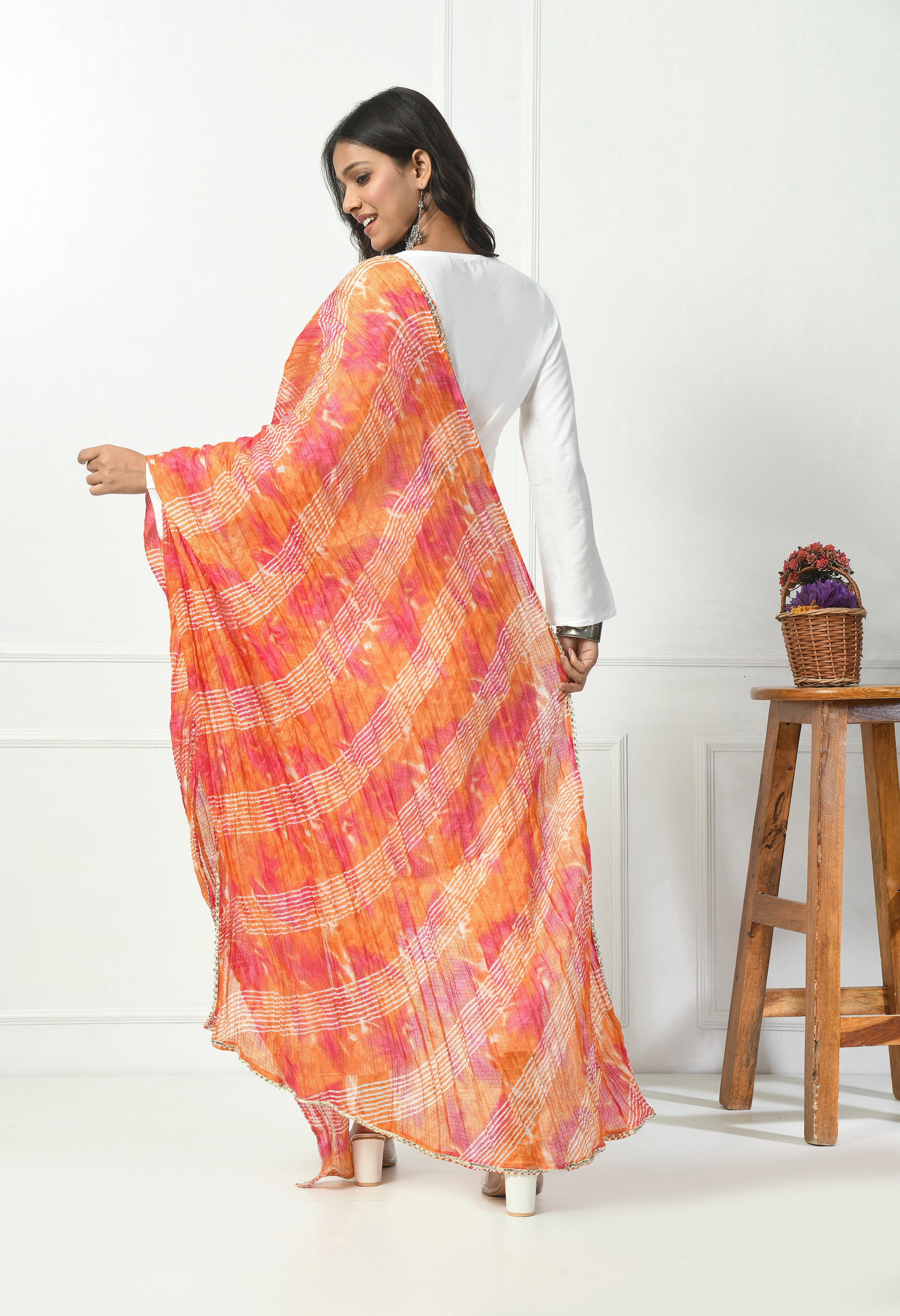 Orange & Pink Kota Doria Cotton Dupatta