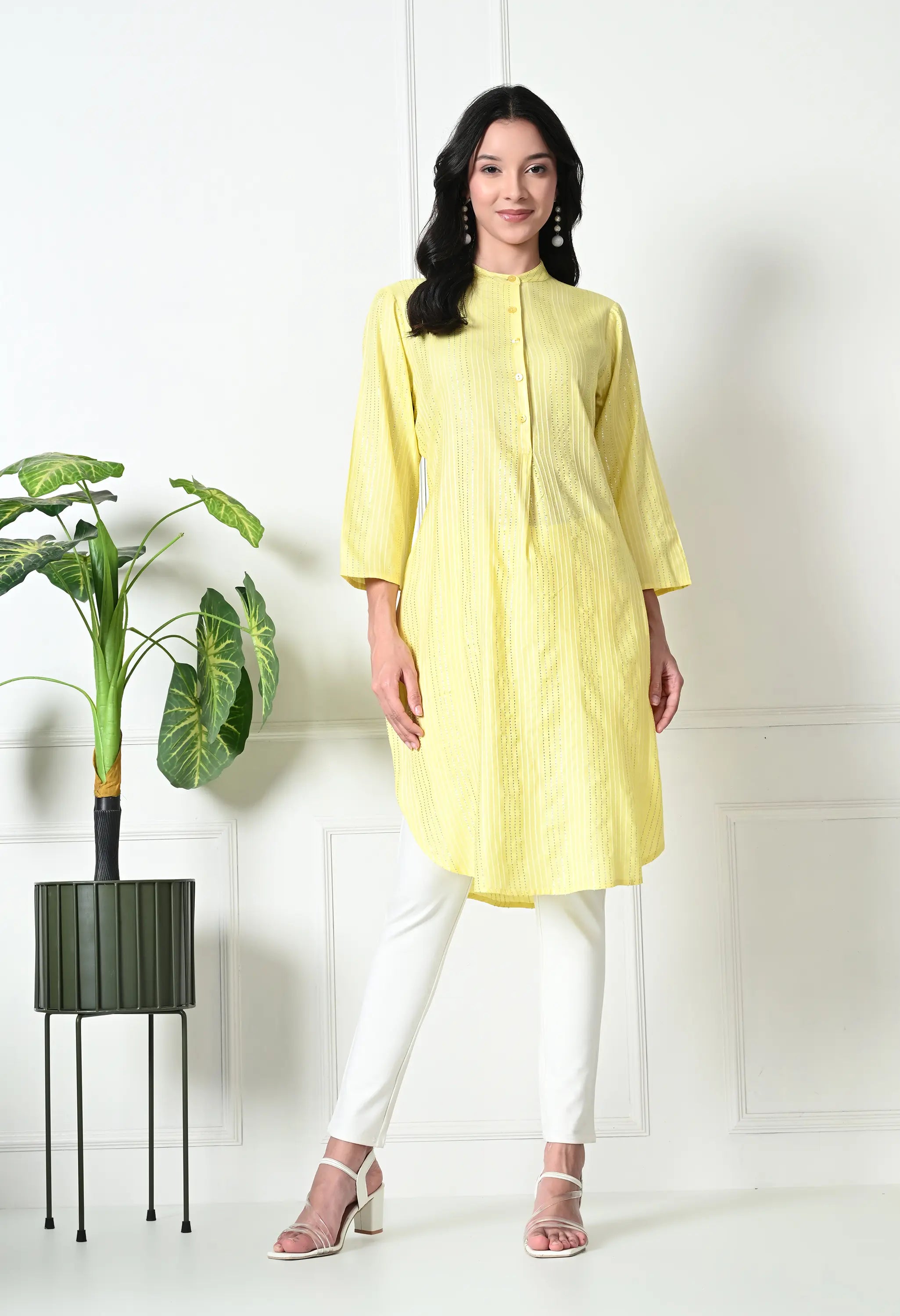 Pastel Yellow Cotton Fitted Kurtis (with Pocket)