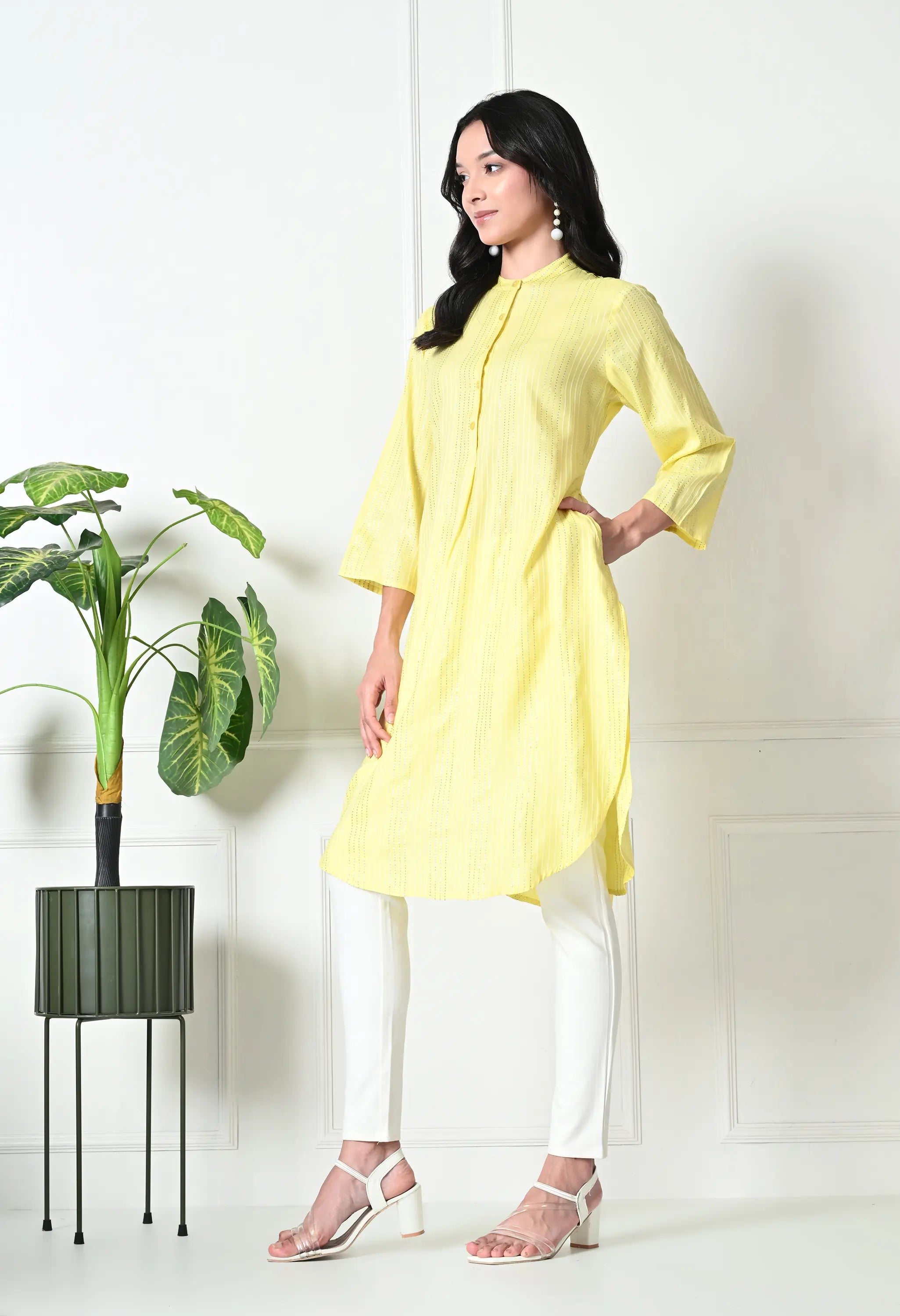 Pastel Yellow Cotton Fitted Kurtis (with Pocket)