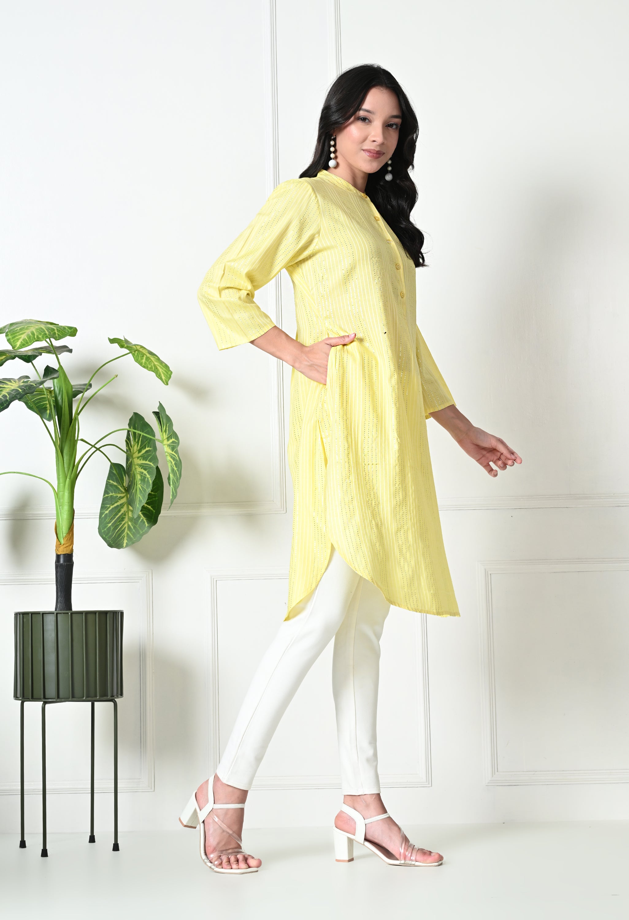 Pastel Yellow Cotton Fitted Kurtis (with Pocket)