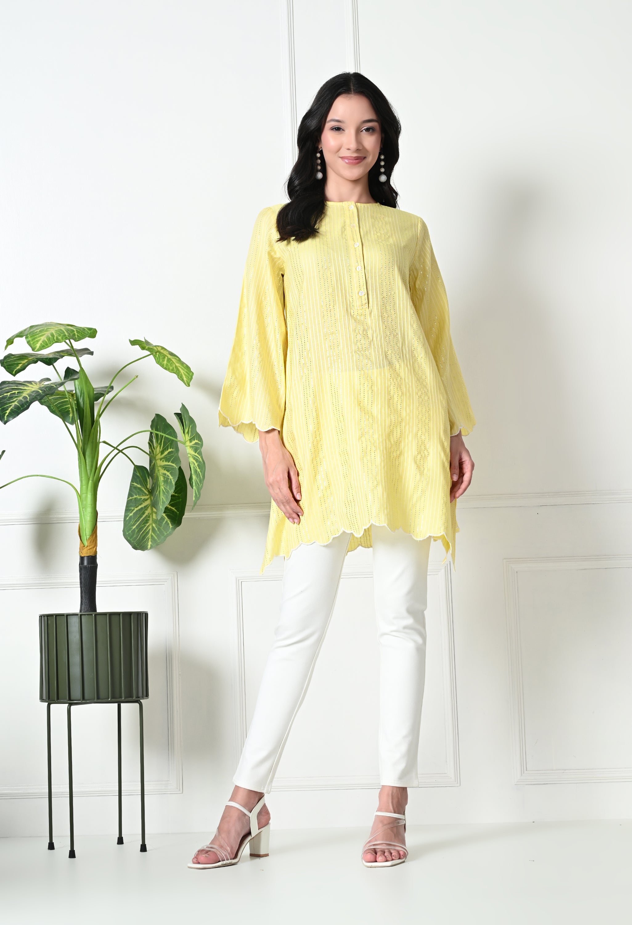 Pastel Yellow Cotton Short Kurtis (with Pocket)