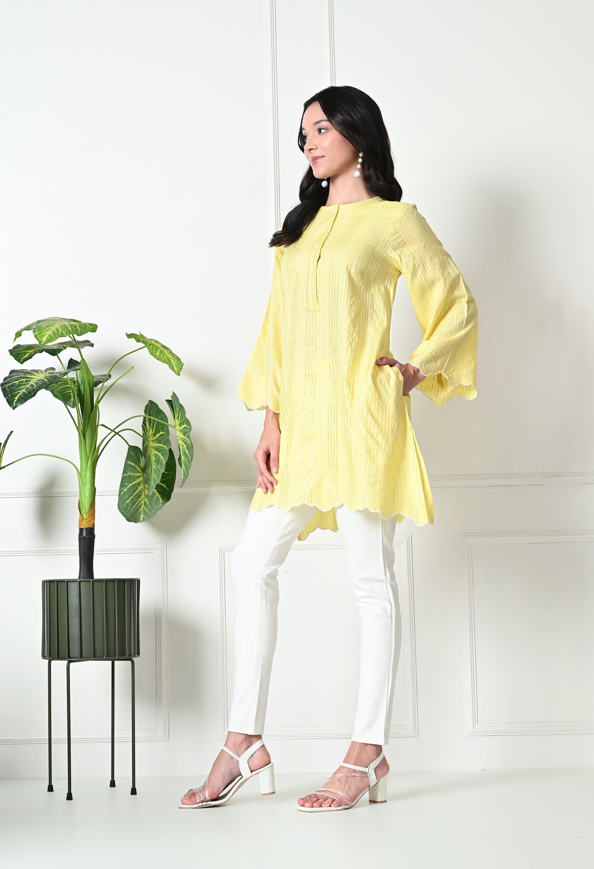 Pastel Yellow Cotton Short Kurtis (with Pocket)