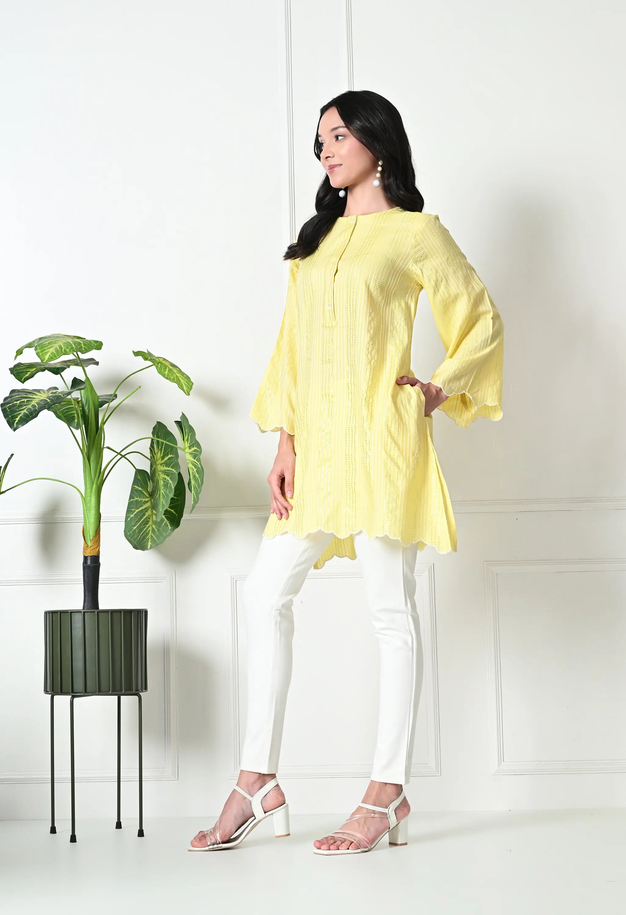 Pastel Yellow Cotton Short Kurtis (with Pocket)