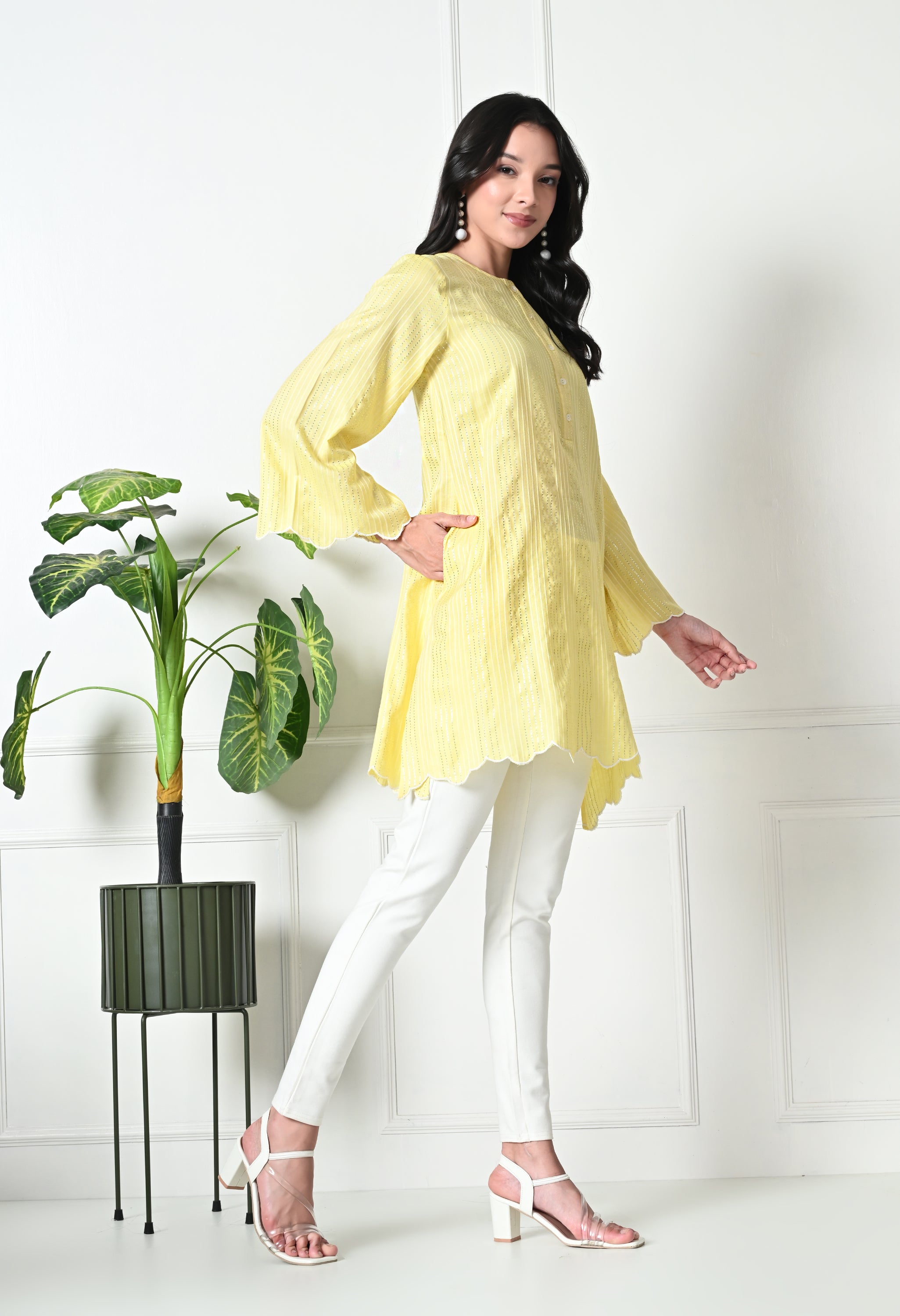 Pastel Yellow Cotton Short Kurtis (with Pocket)