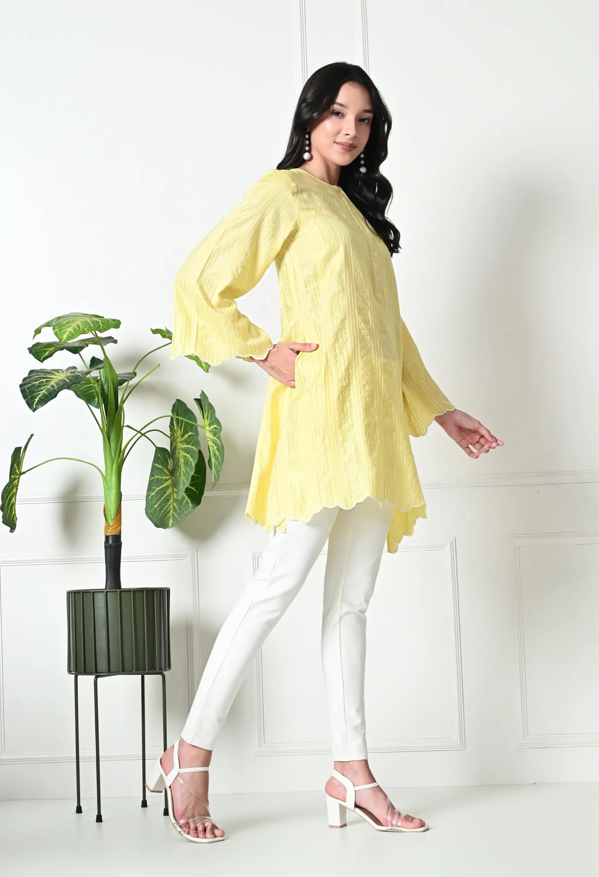 Pastel Yellow Cotton Short Kurtis (with Pocket)