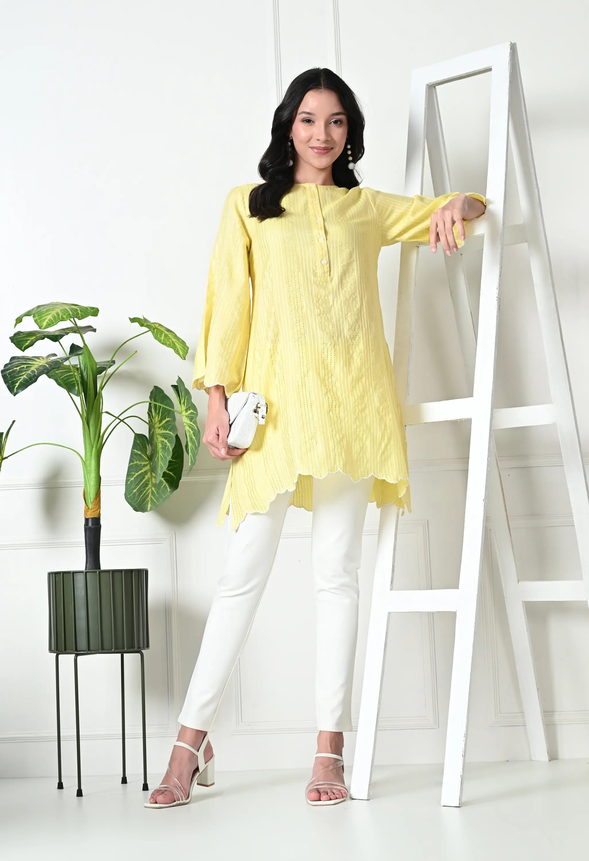 Pastel Yellow Cotton Short Kurtis (with Pocket)