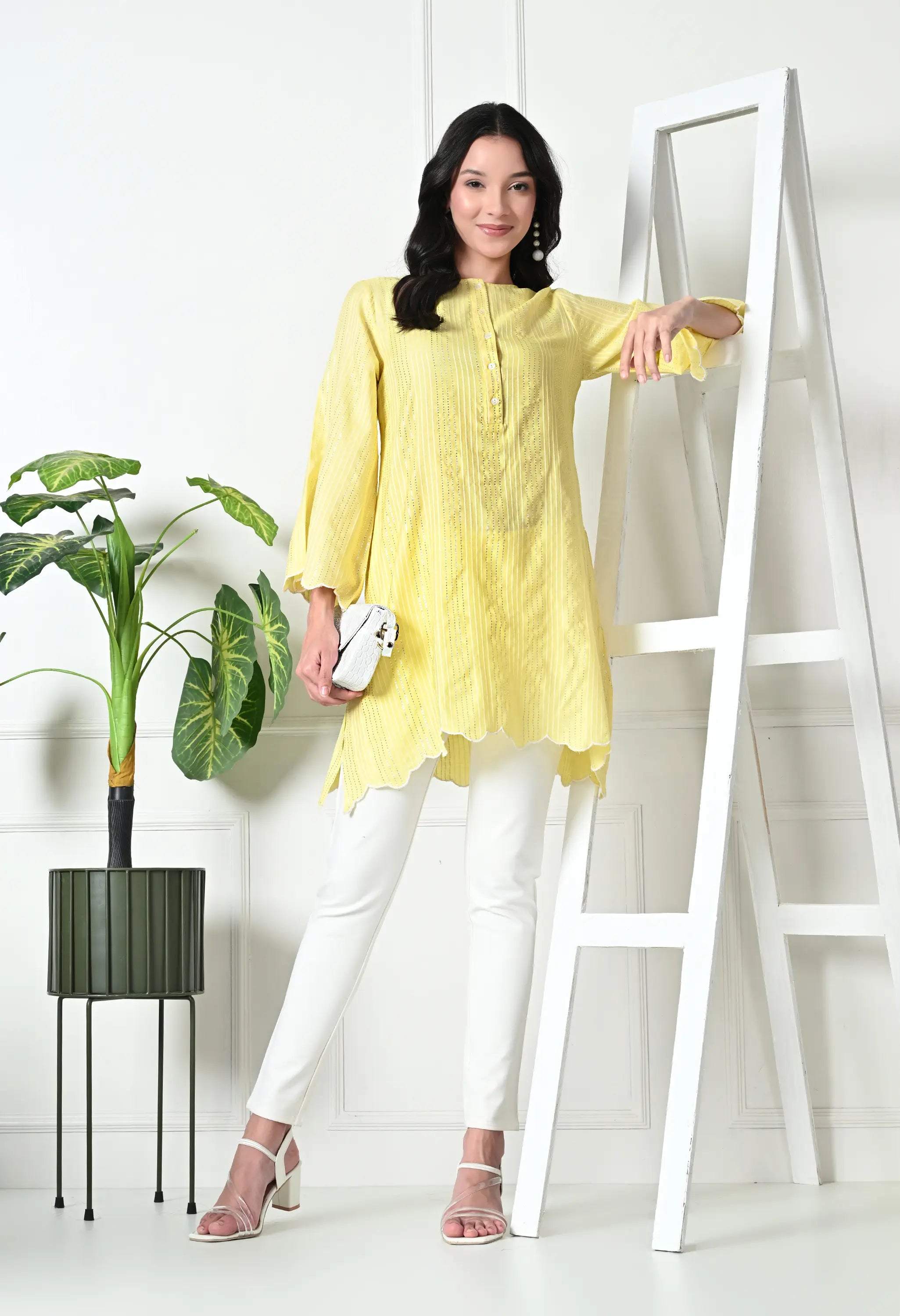 Pastel Yellow Cotton Short Kurtis (with Pocket)