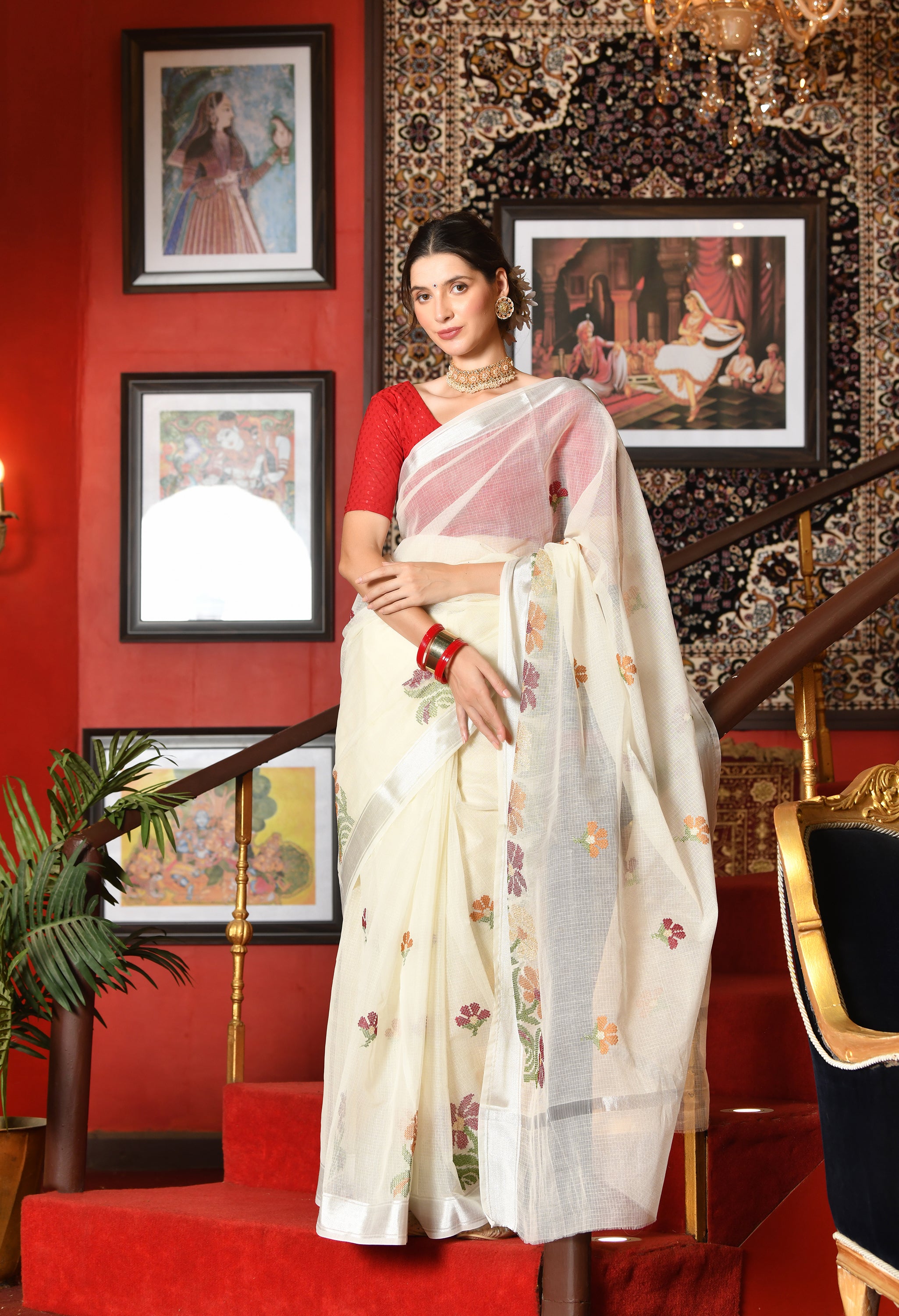 Pristine White Kota Doria Cotton Saree with Floral Embroidery