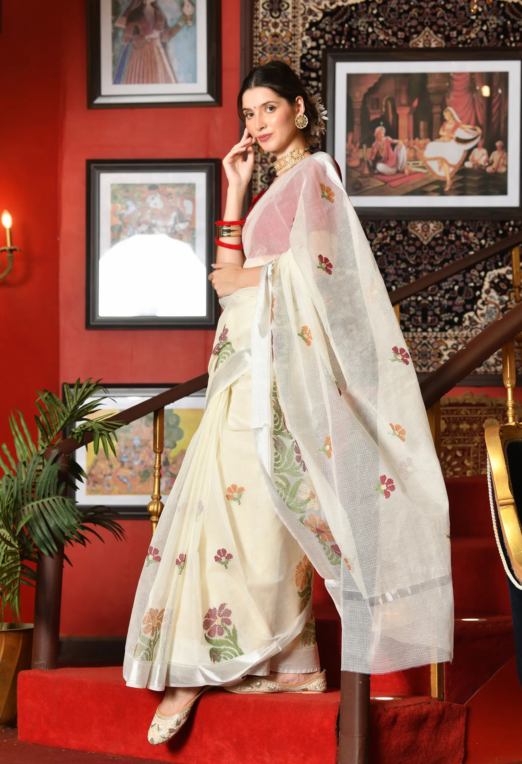 Pristine White Kota Doria Cotton Saree with Floral Embroidery