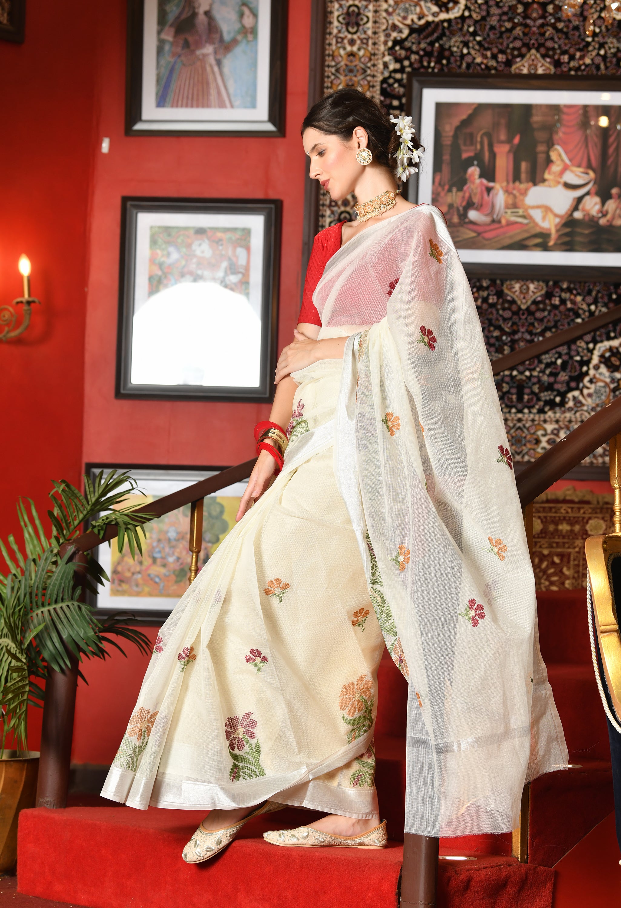 Pristine White Kota Doria Cotton Saree with Floral Embroidery