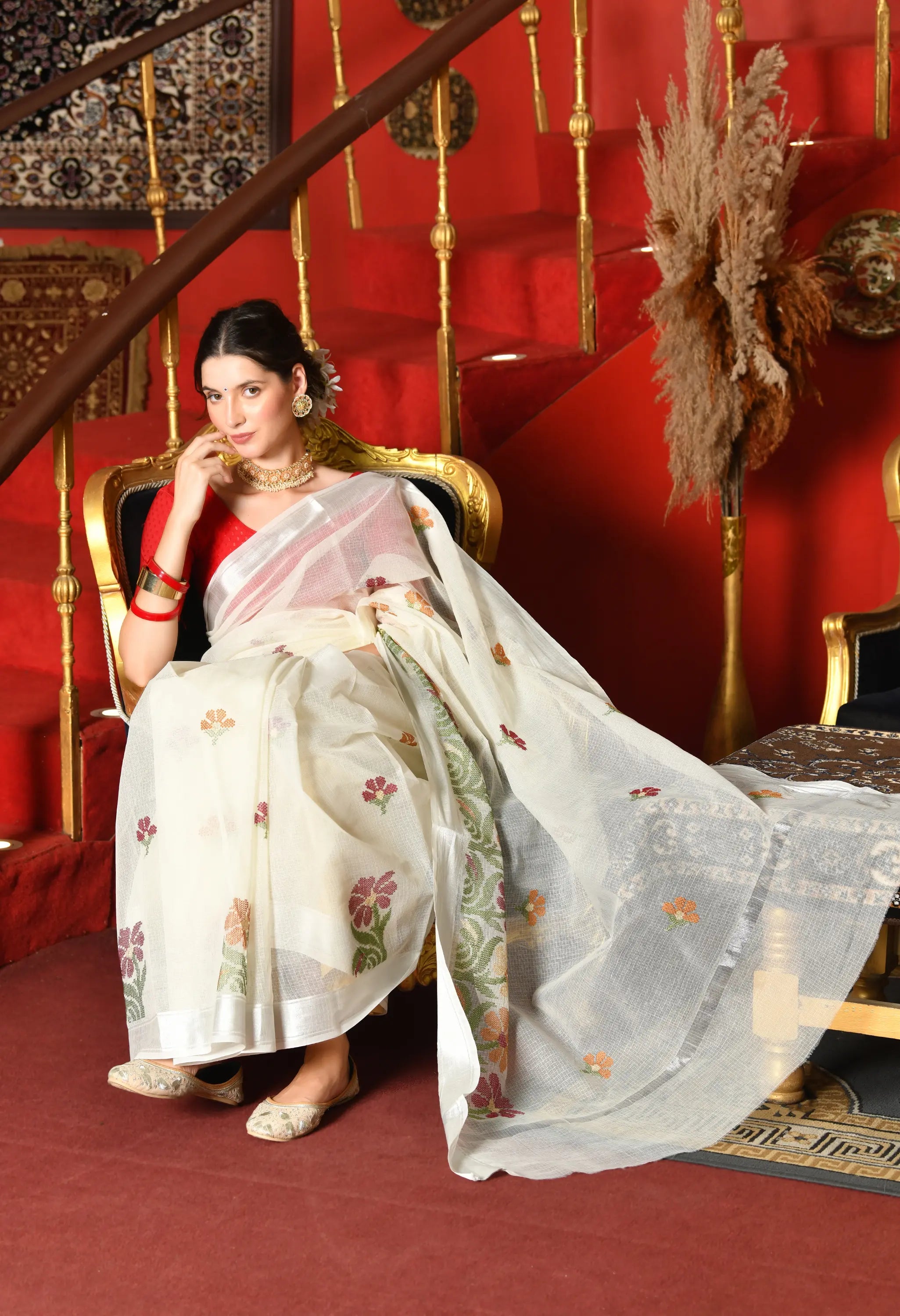 Pristine White Kota Doria Cotton Saree with Floral Embroidery