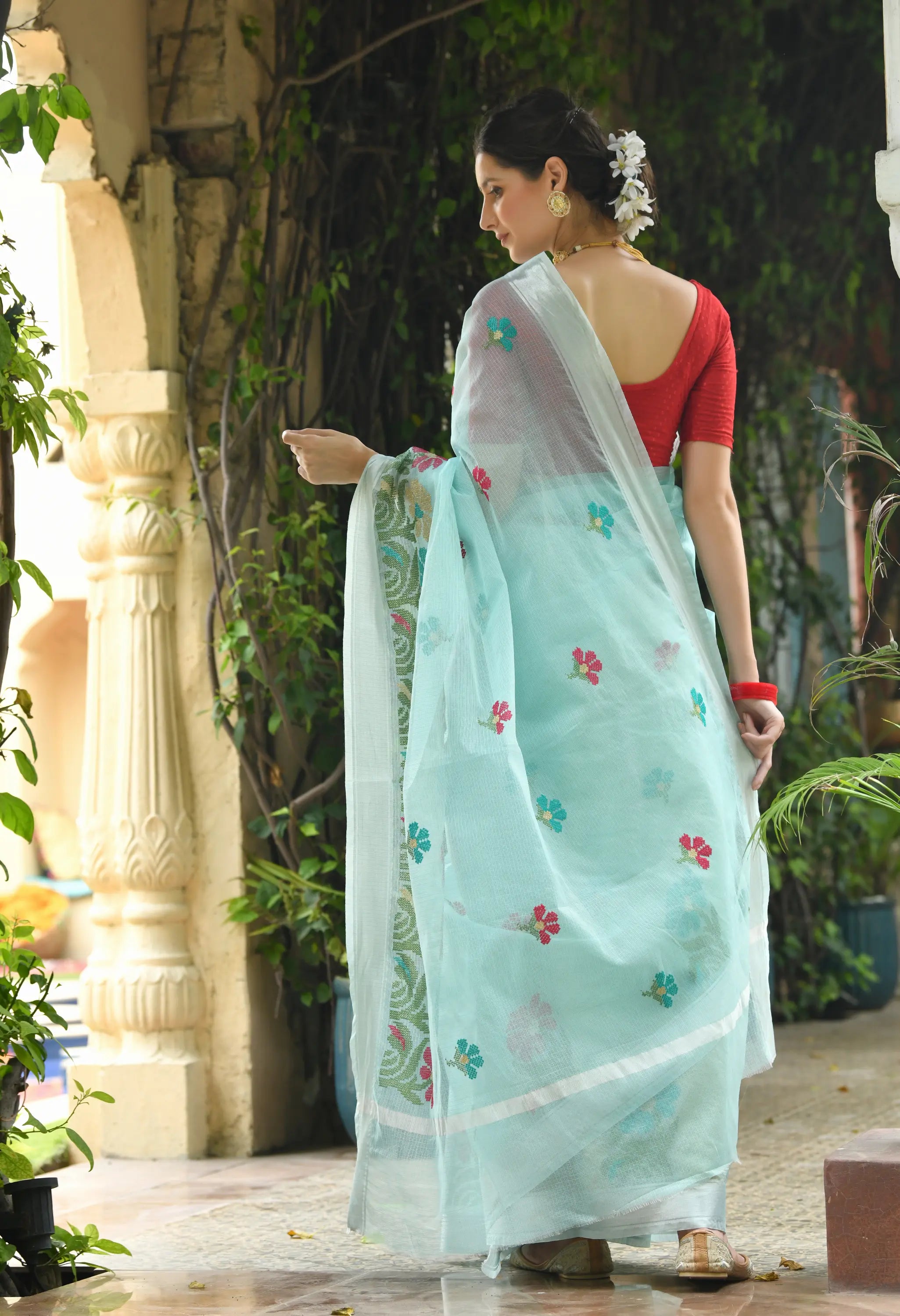 Ice Blue Cotton Saree with Elegant Floral Embroidery