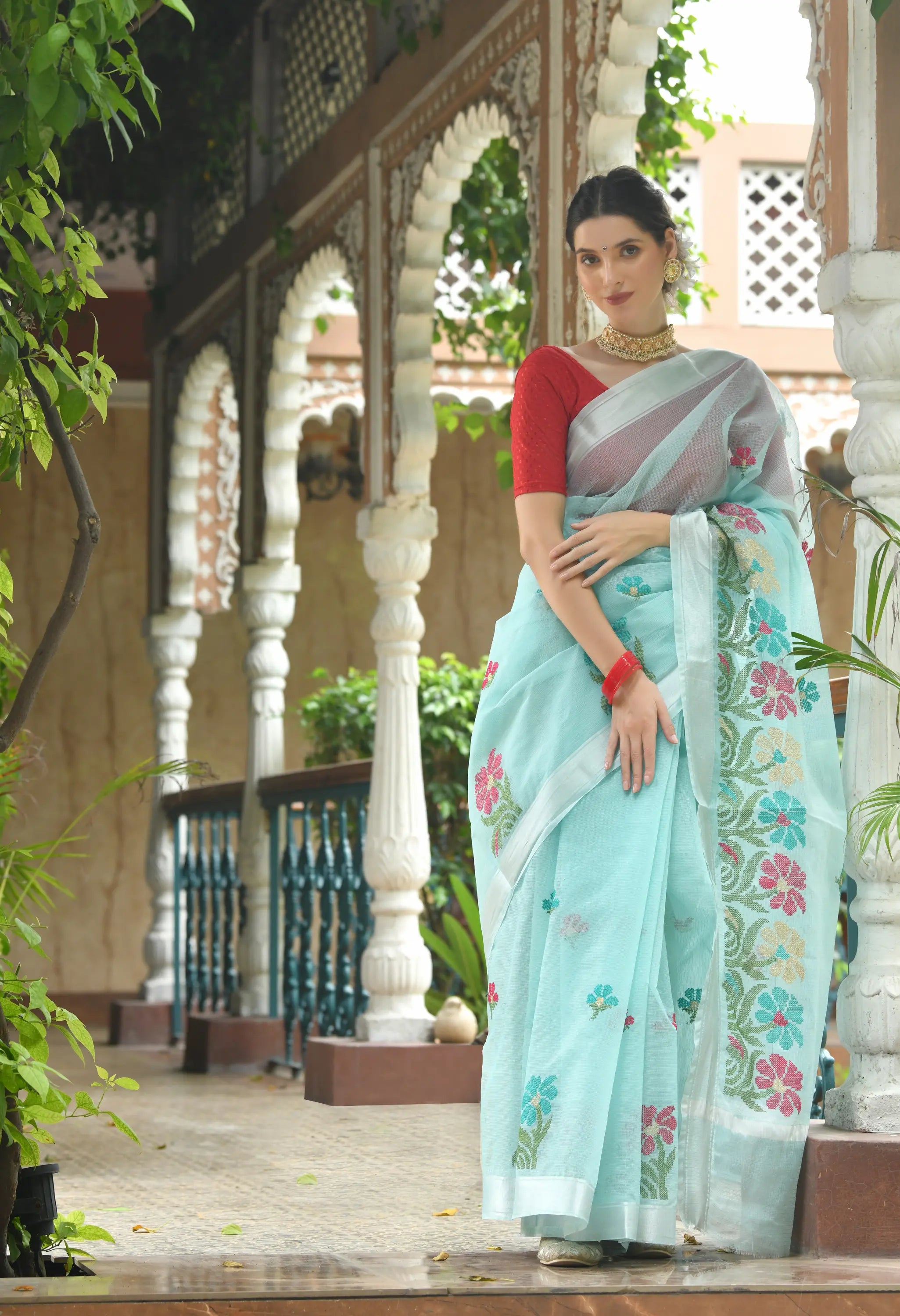 Ice Blue Cotton Saree with Elegant Floral Embroidery