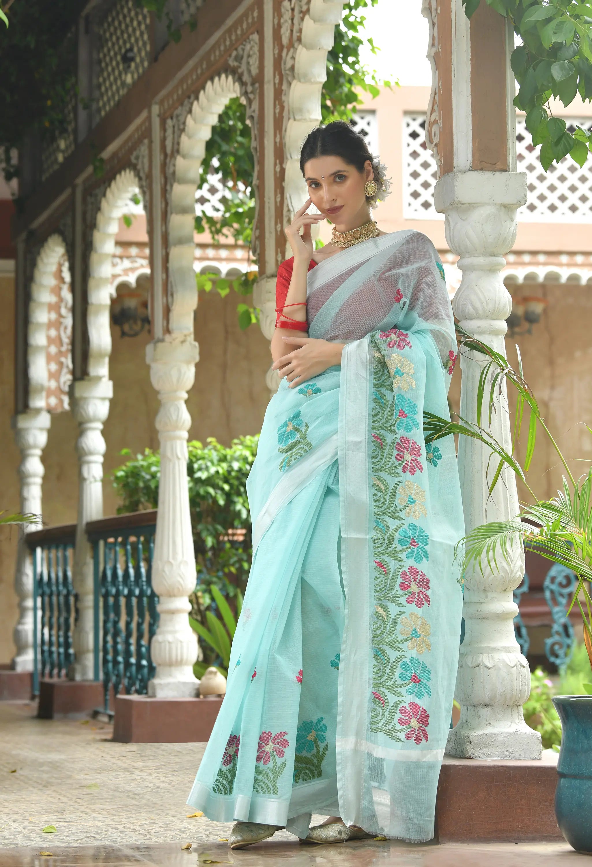 Ice Blue Cotton Saree with Elegant Floral Embroidery