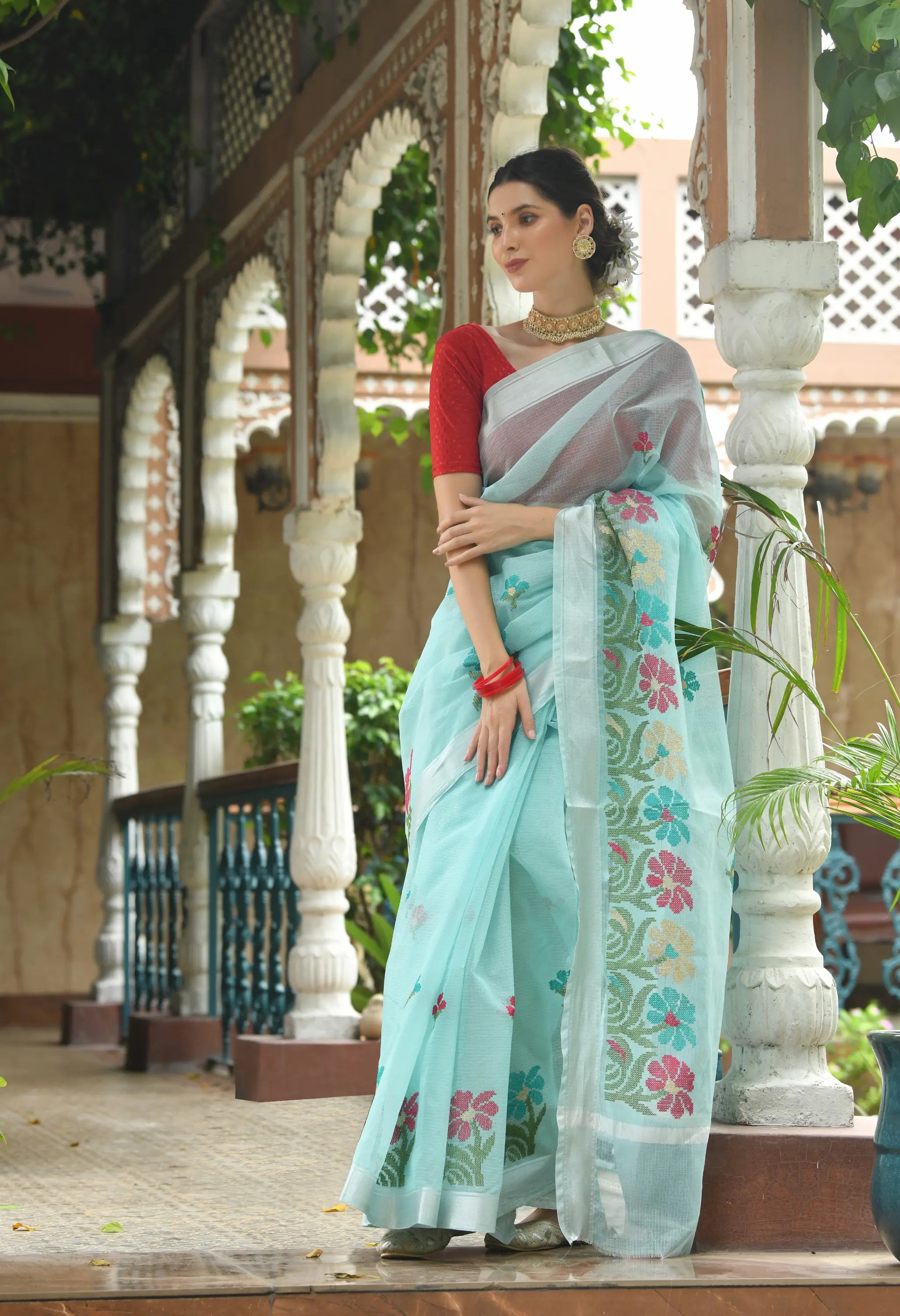 Ice Blue Cotton Saree with Elegant Floral Embroidery