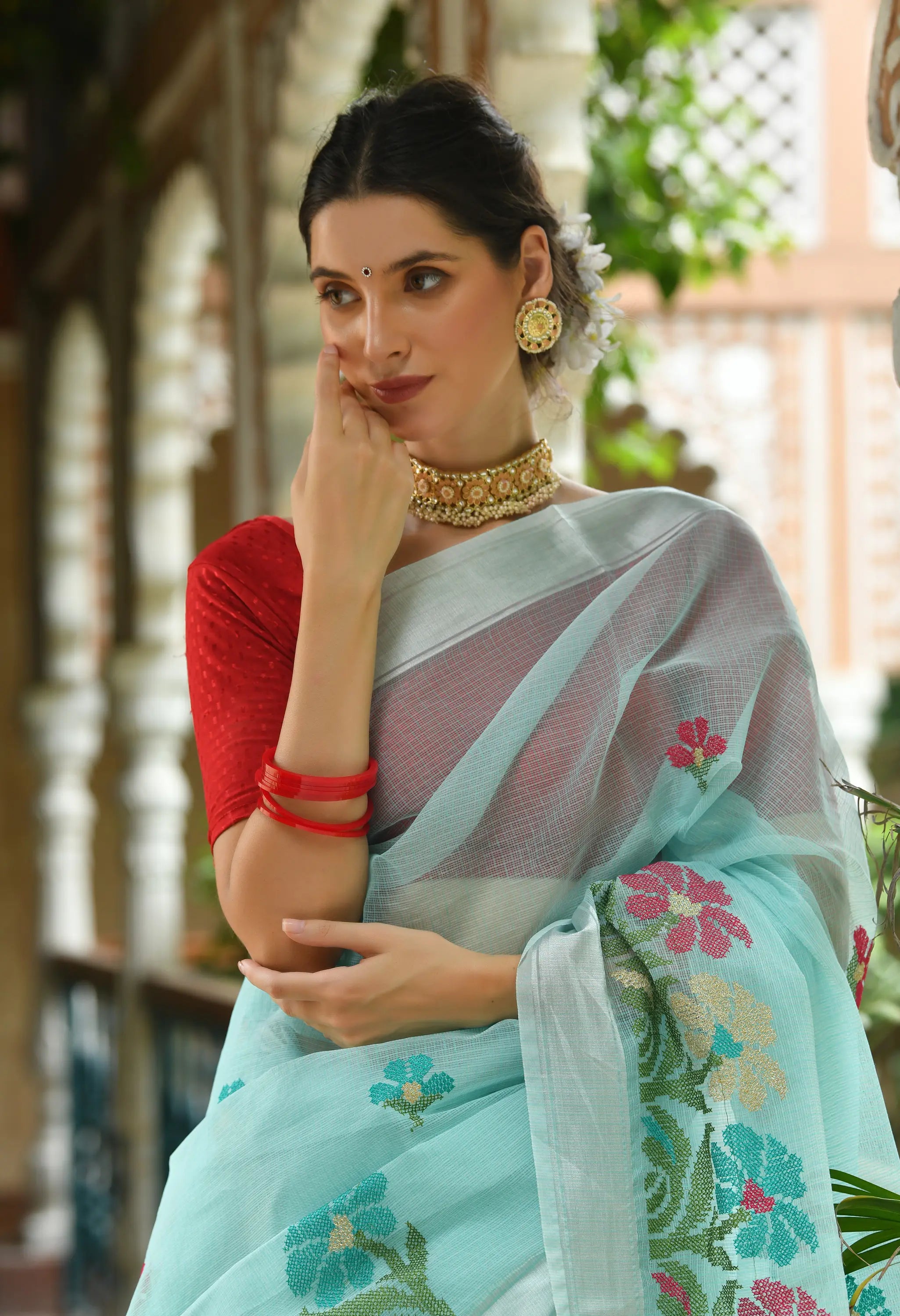 Ice Blue Cotton Saree with Elegant Floral Embroidery