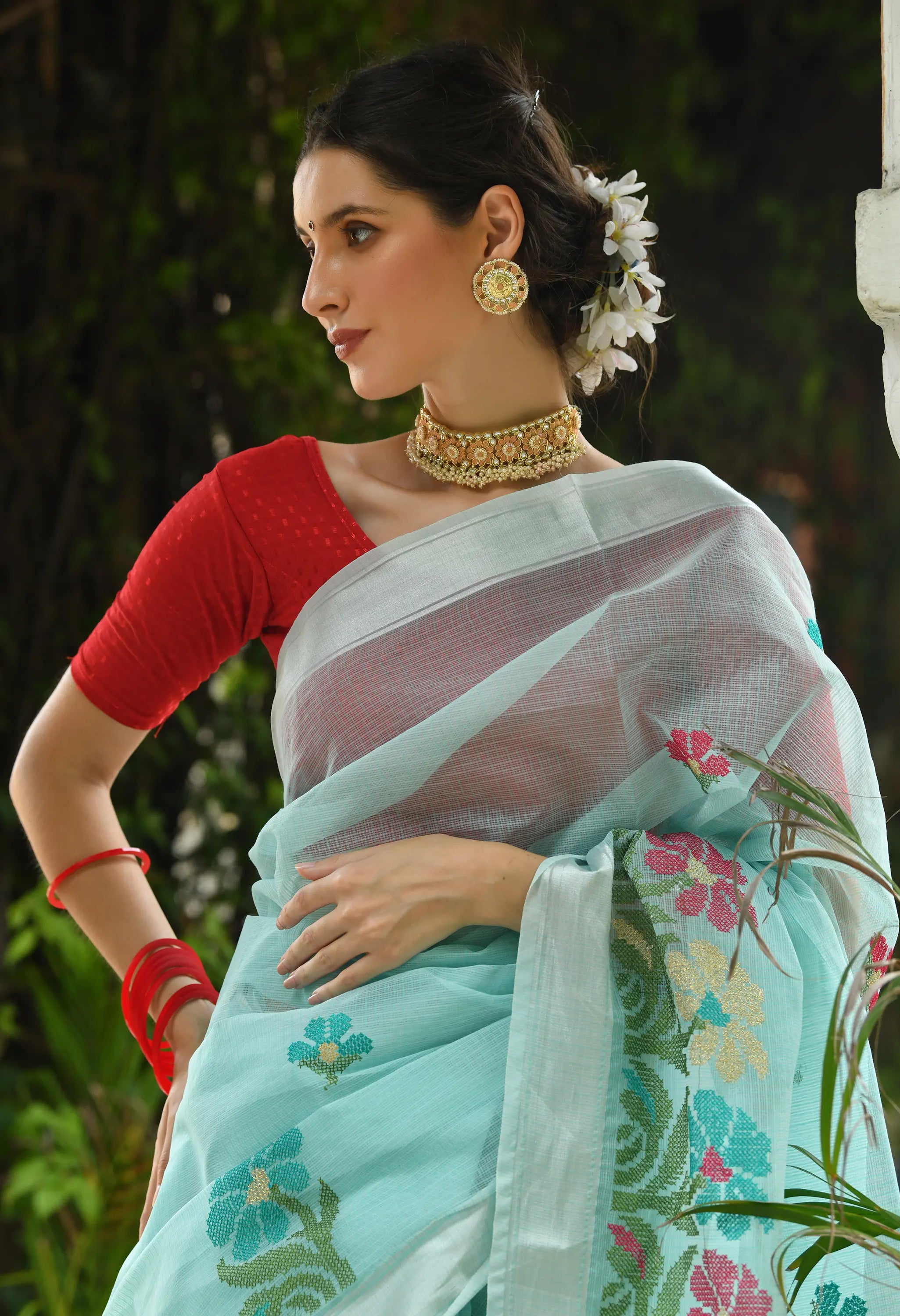 Ice Blue Cotton Saree with Elegant Floral Embroidery