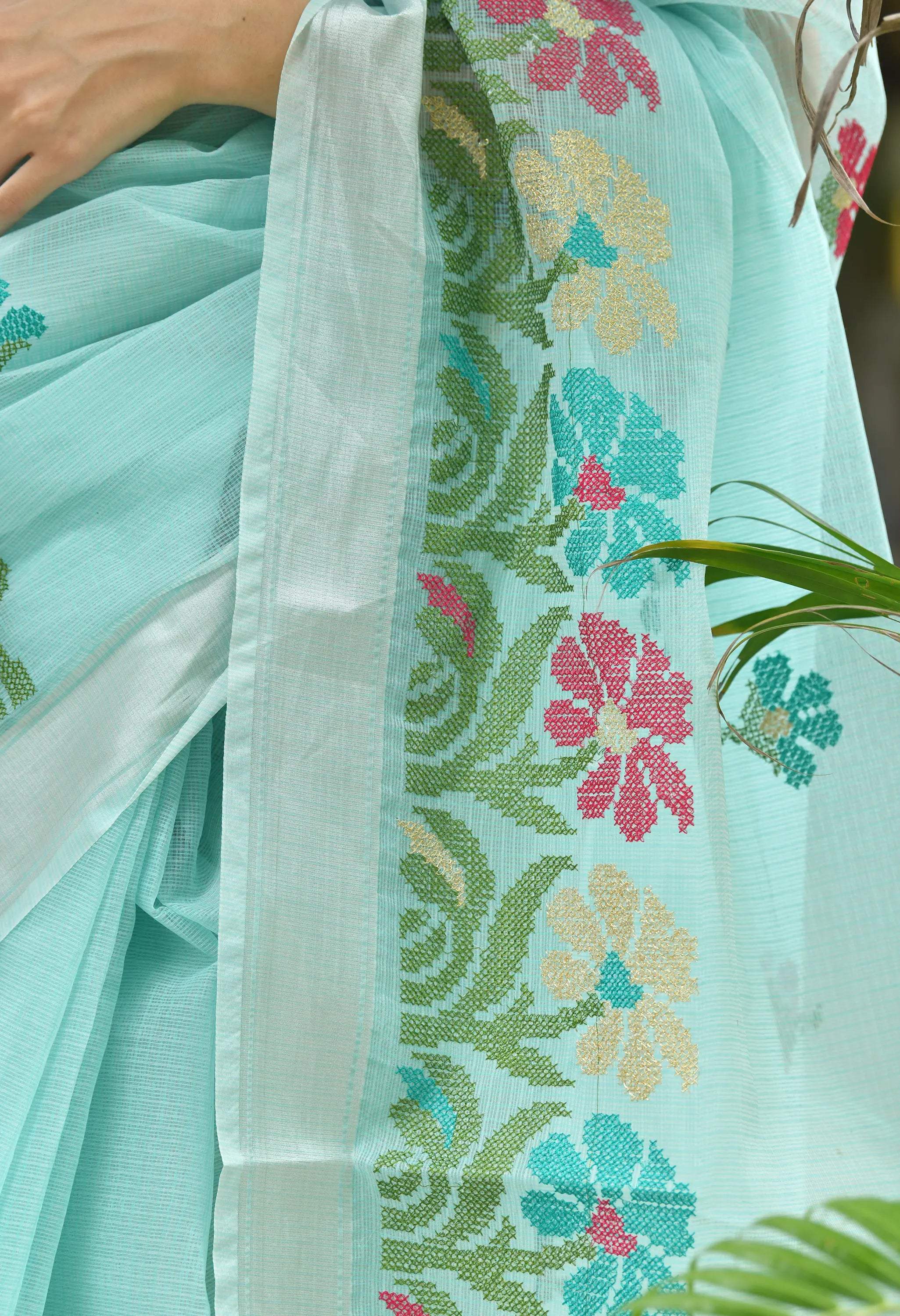 Ice Blue Cotton Saree with Elegant Floral Embroidery