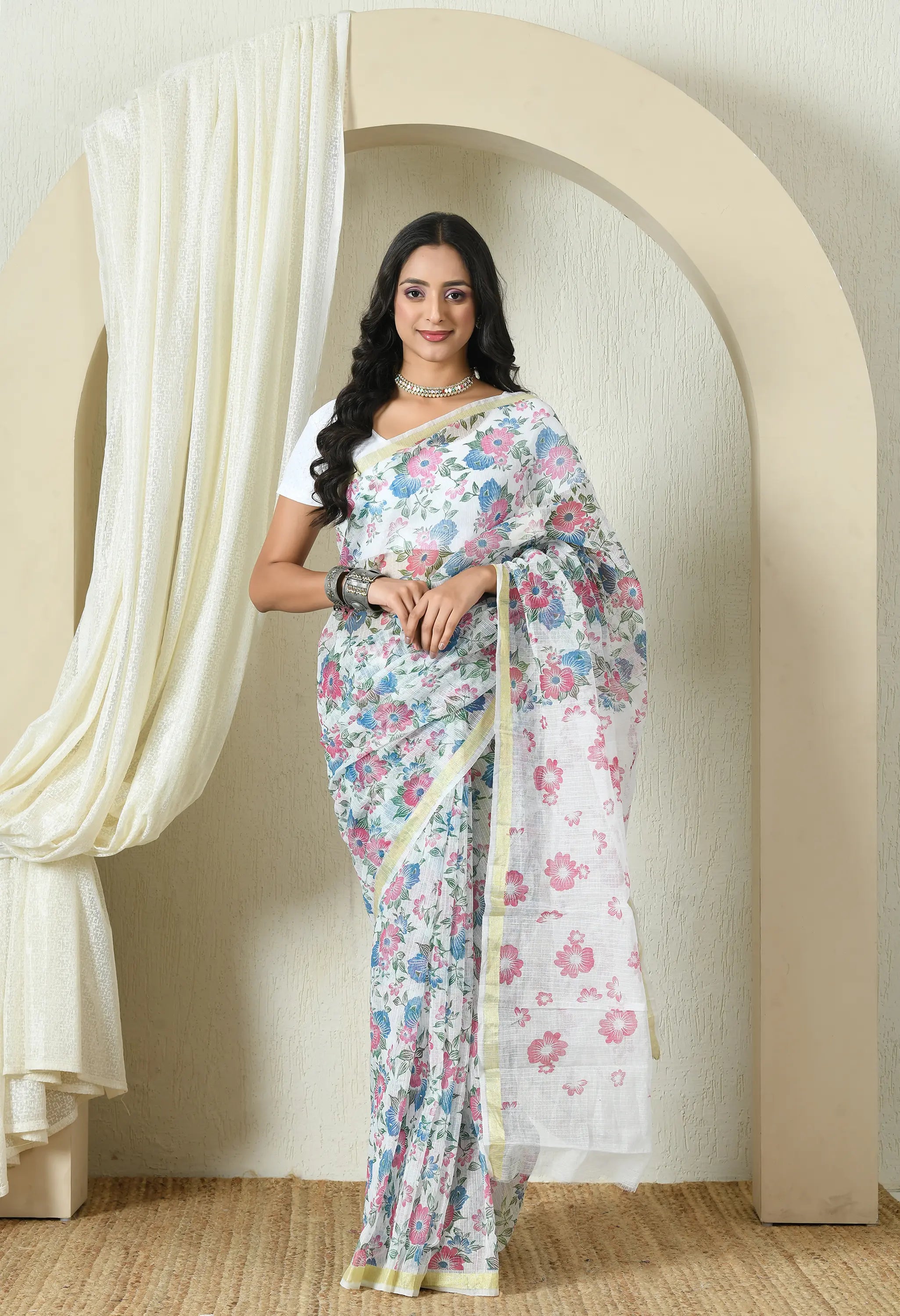 White Floral Cotton Saree