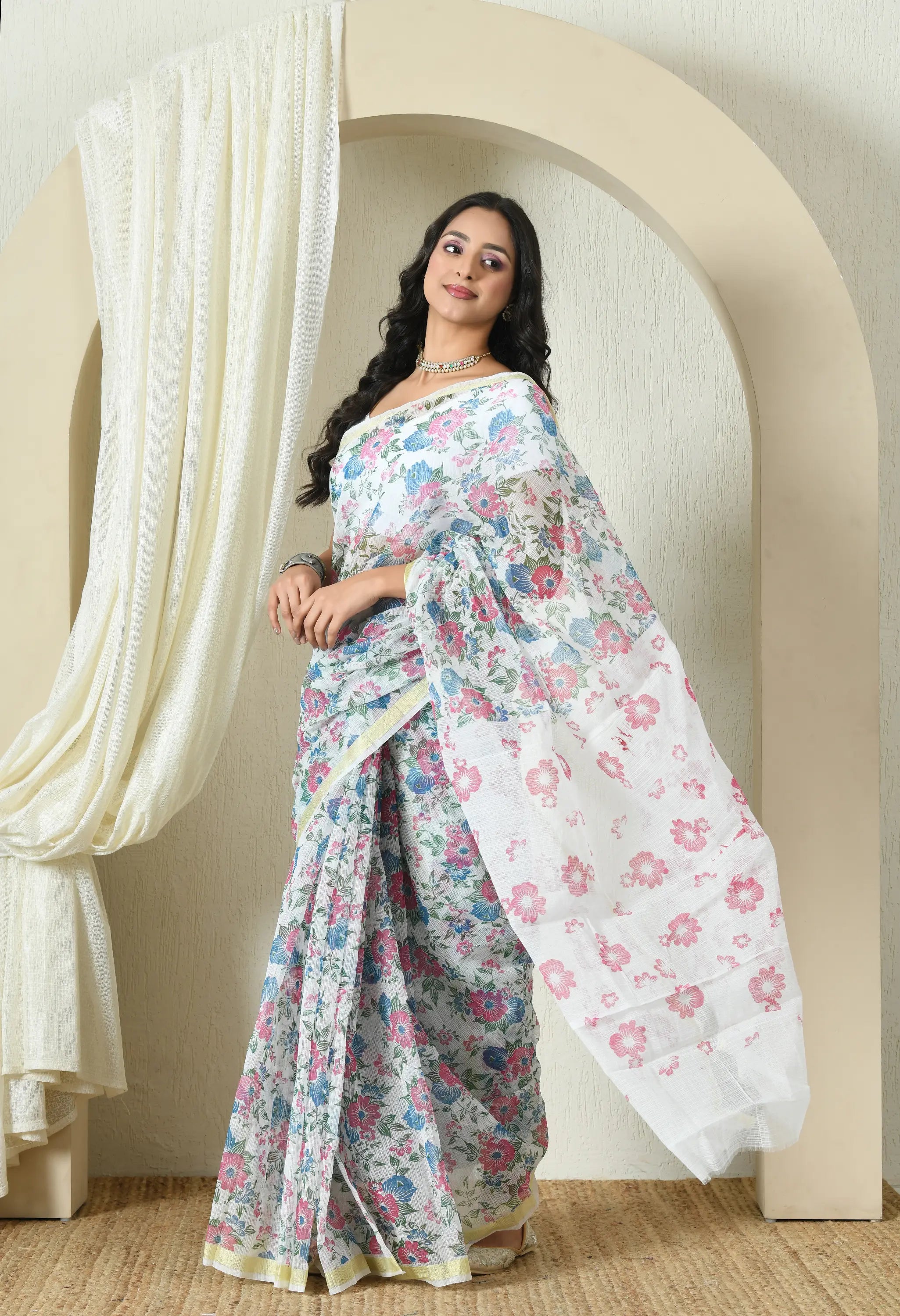 White Floral Cotton Saree