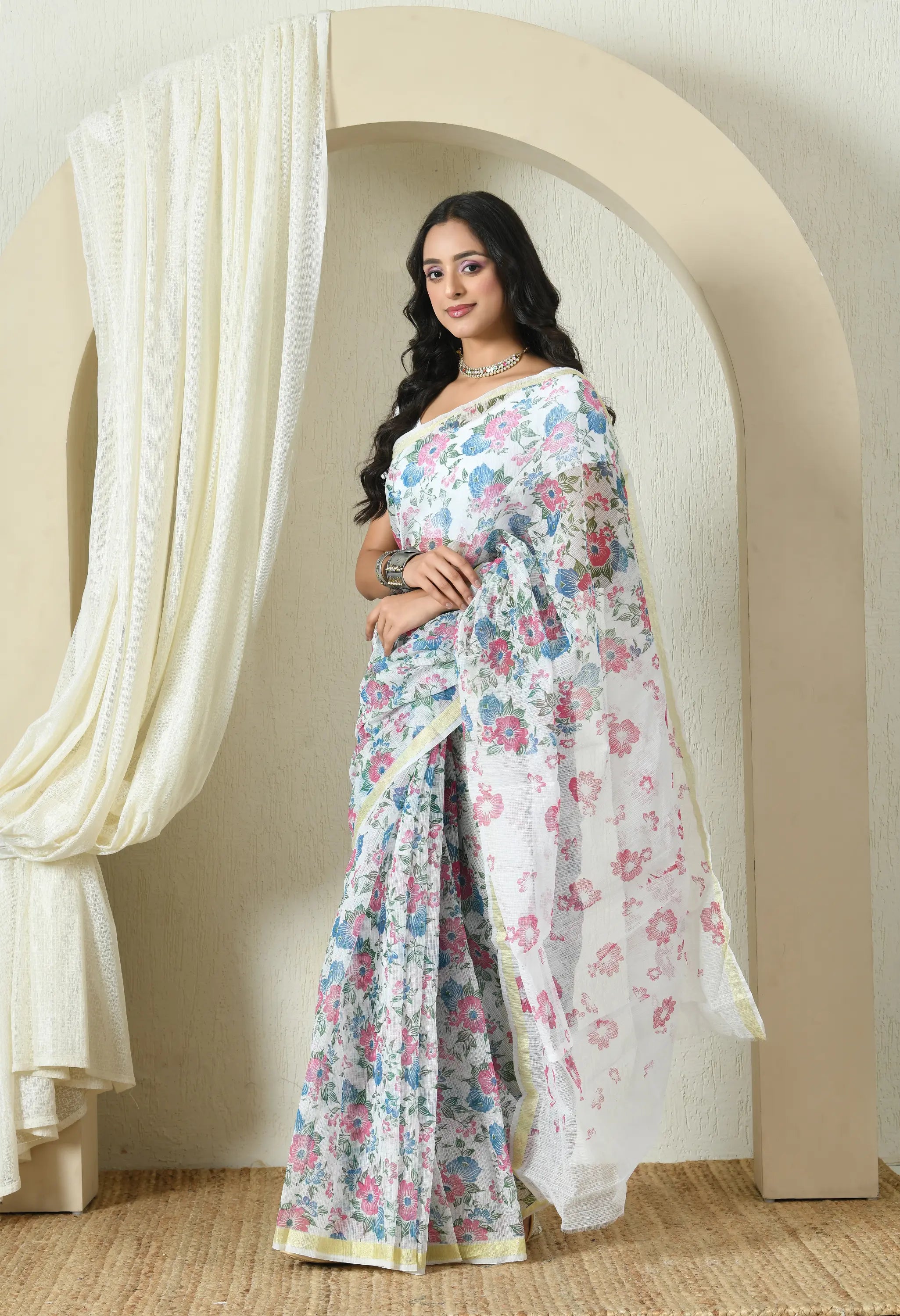 White Floral Cotton Saree