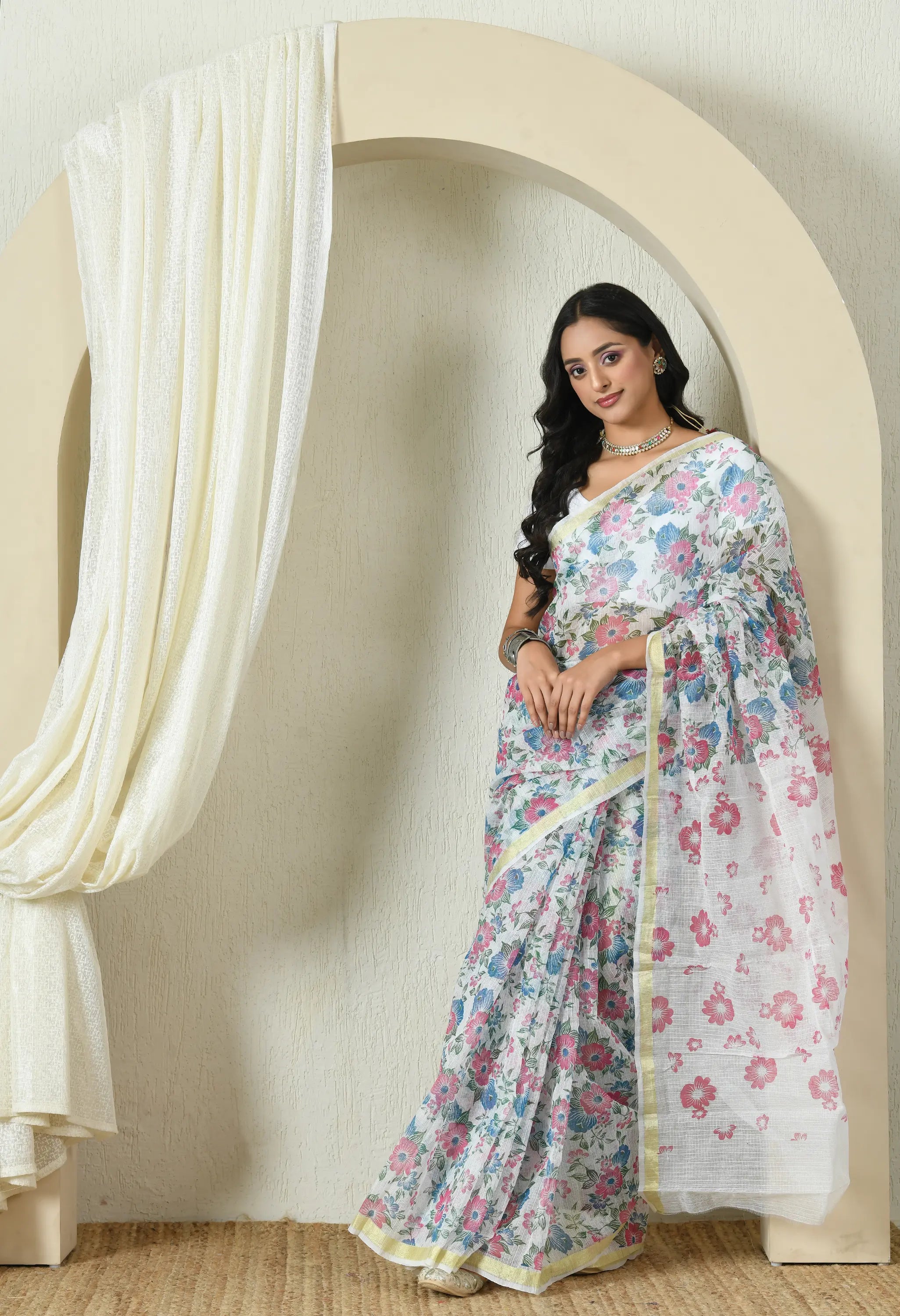 White Floral Cotton Saree