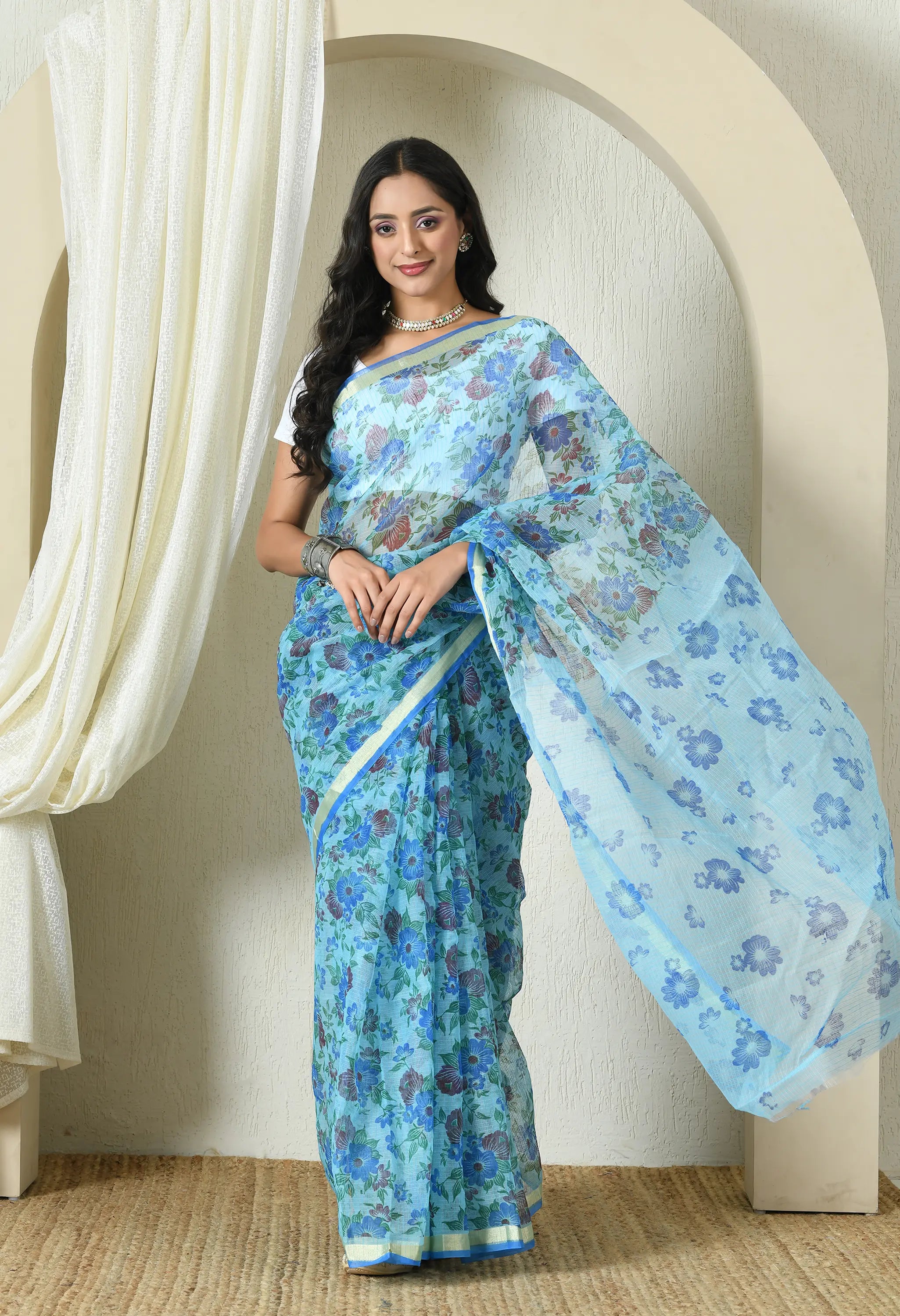 Sapphire Blue Cotton with Elegant Floral Pattern