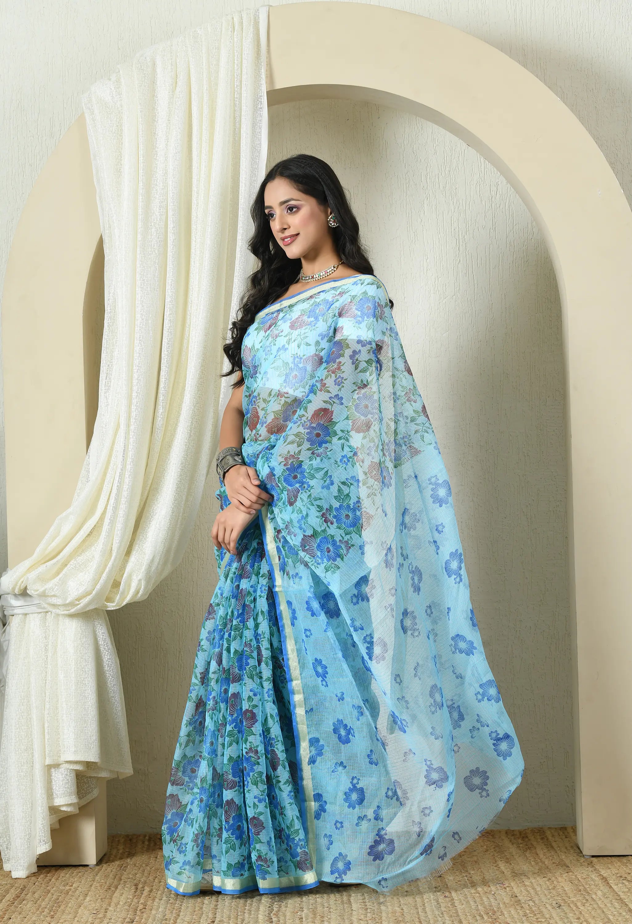 Sapphire Blue Cotton with Elegant Floral Pattern