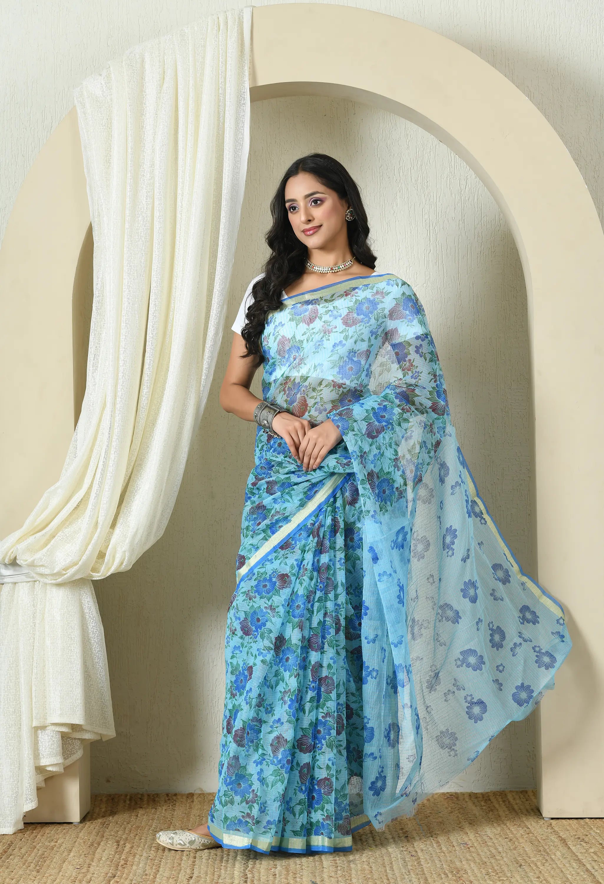 Sapphire Blue Cotton with Elegant Floral Pattern