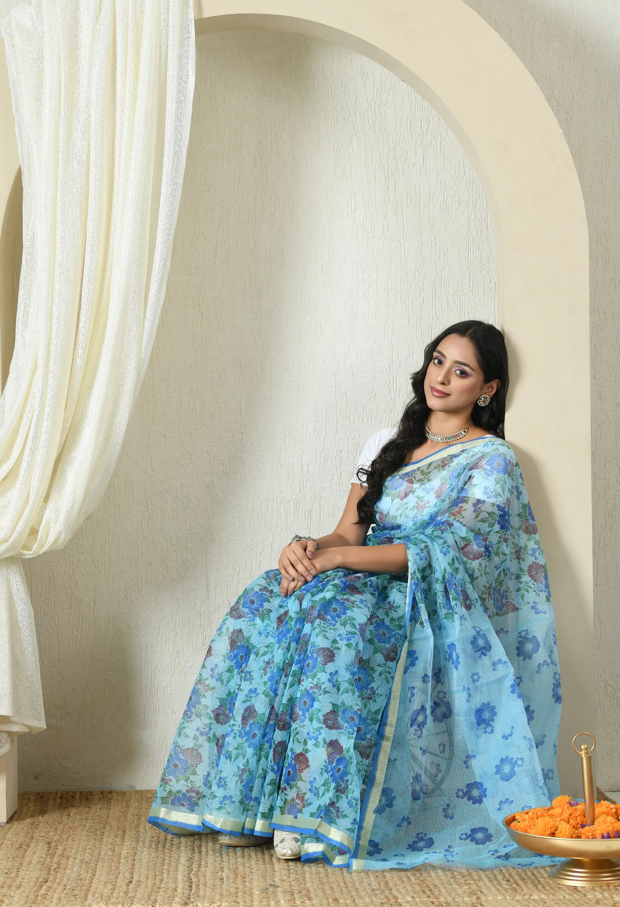 Sapphire Blue Cotton with Elegant Floral Pattern