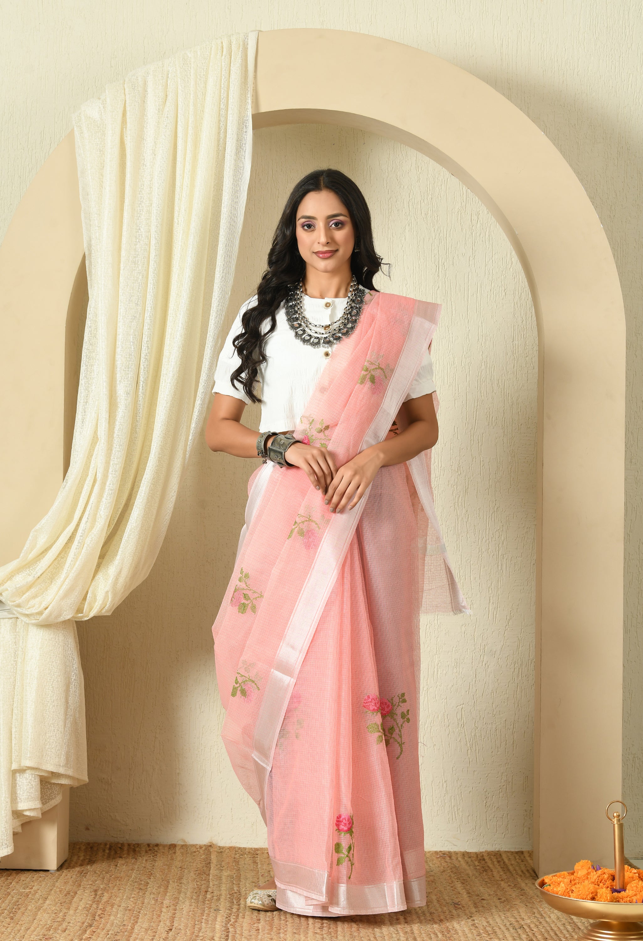 Peach Pink Cotton Saree with Sublime Embroidery