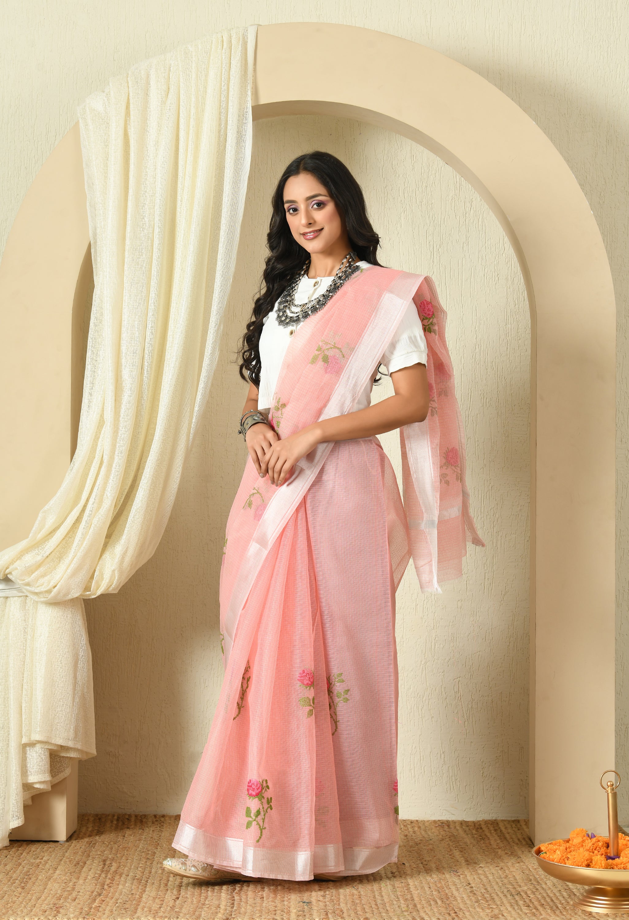 Peach Pink Cotton Saree with Sublime Embroidery