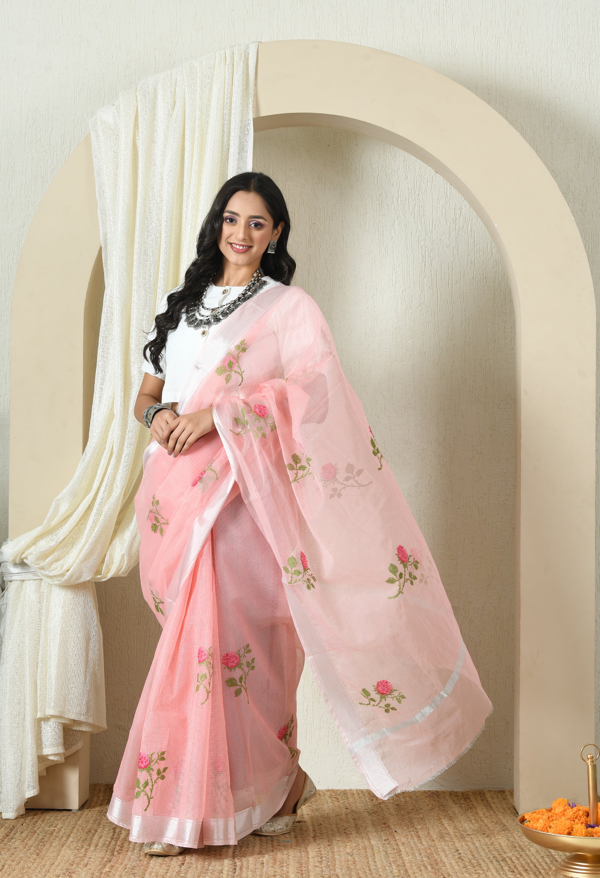 Peach Pink Cotton Saree with Sublime Embroidery