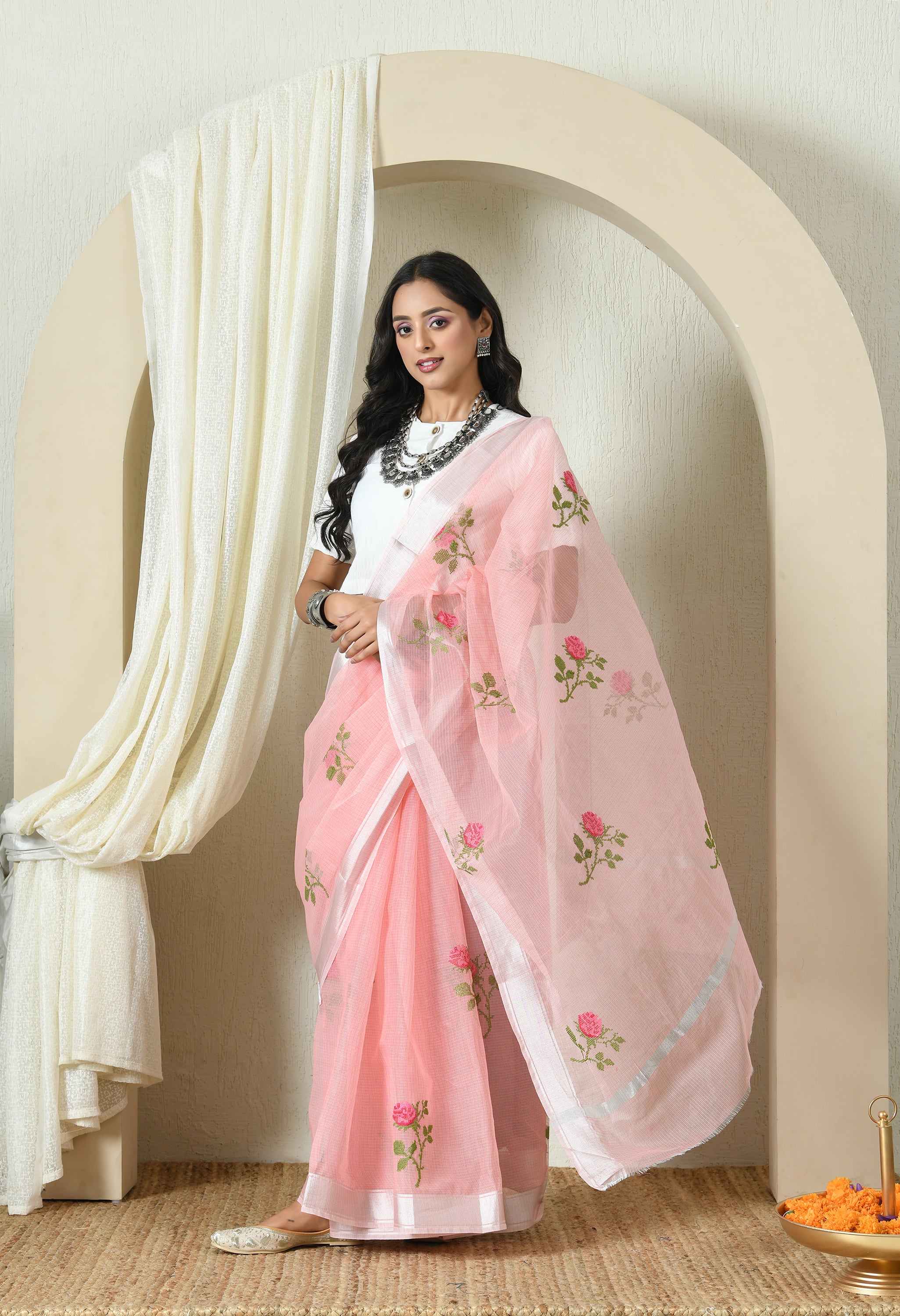 Peach Pink Cotton Saree with Sublime Embroidery