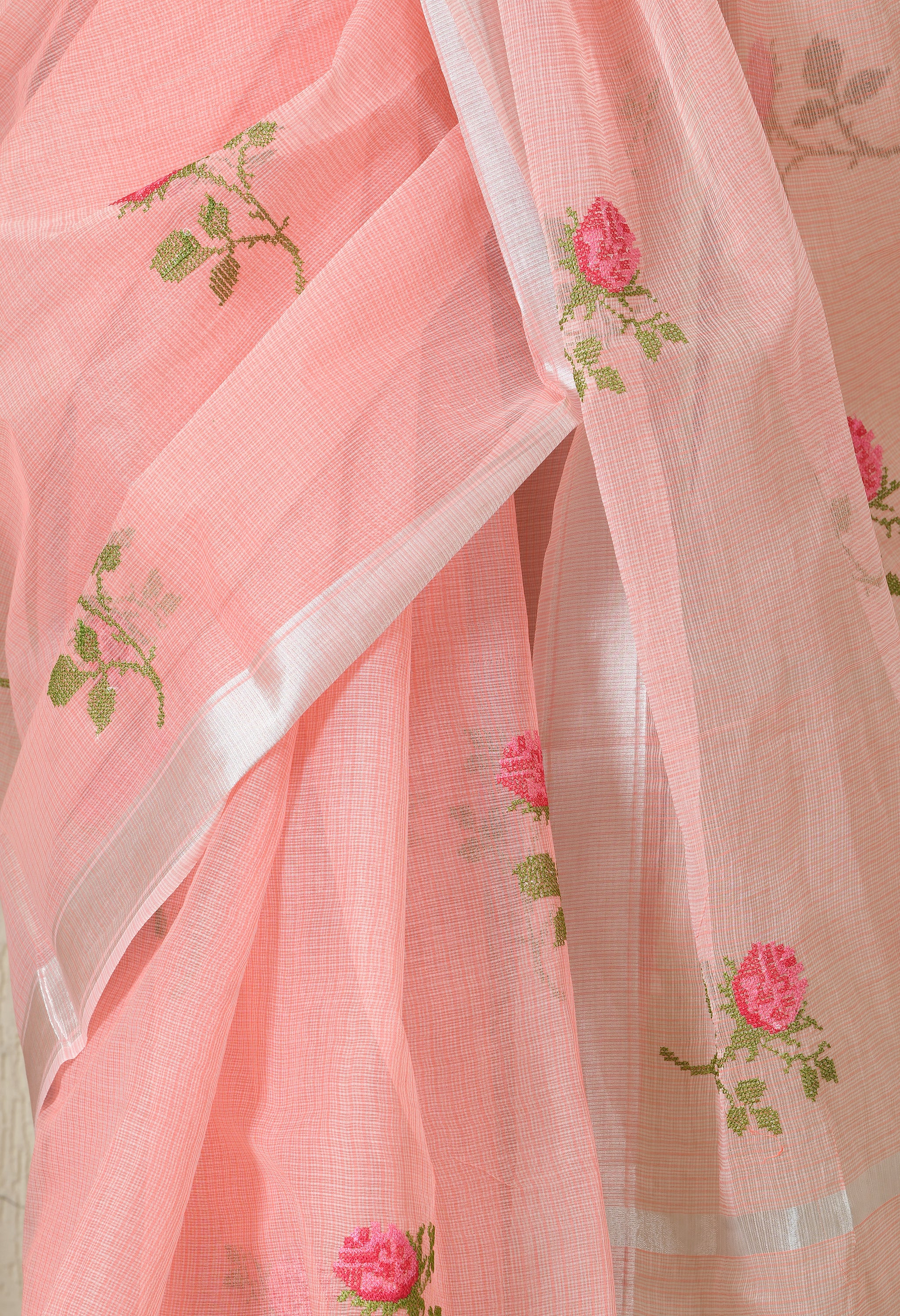 Peach Pink Cotton Saree with Sublime Embroidery