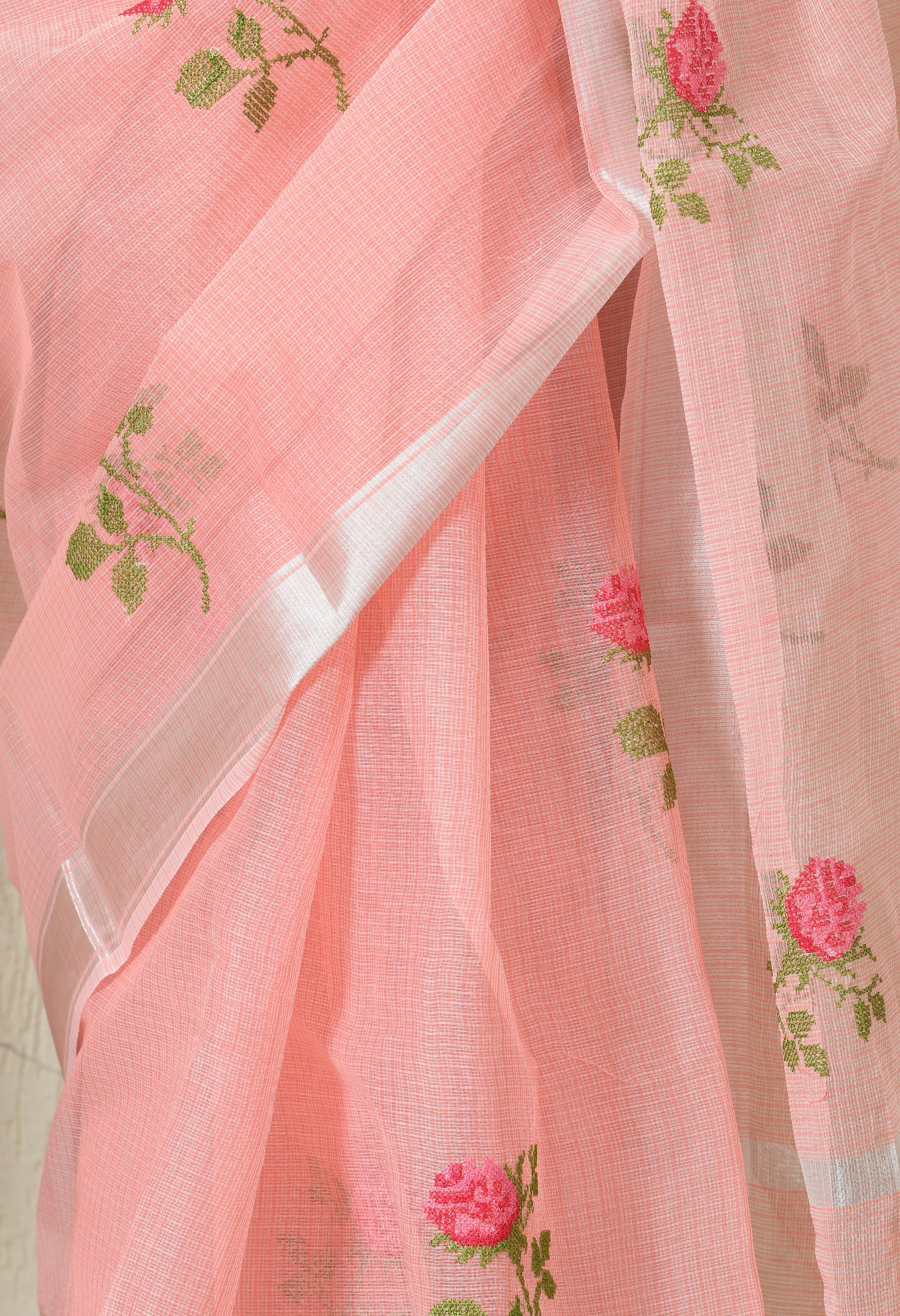 Peach Pink Cotton Saree with Sublime Embroidery