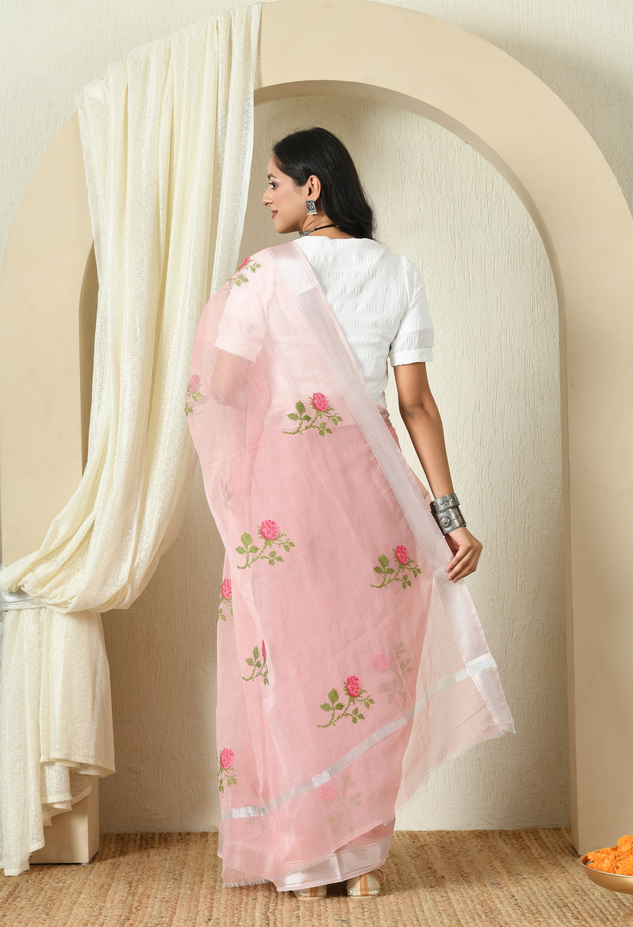 Peach Pink Cotton Saree with Sublime Embroidery