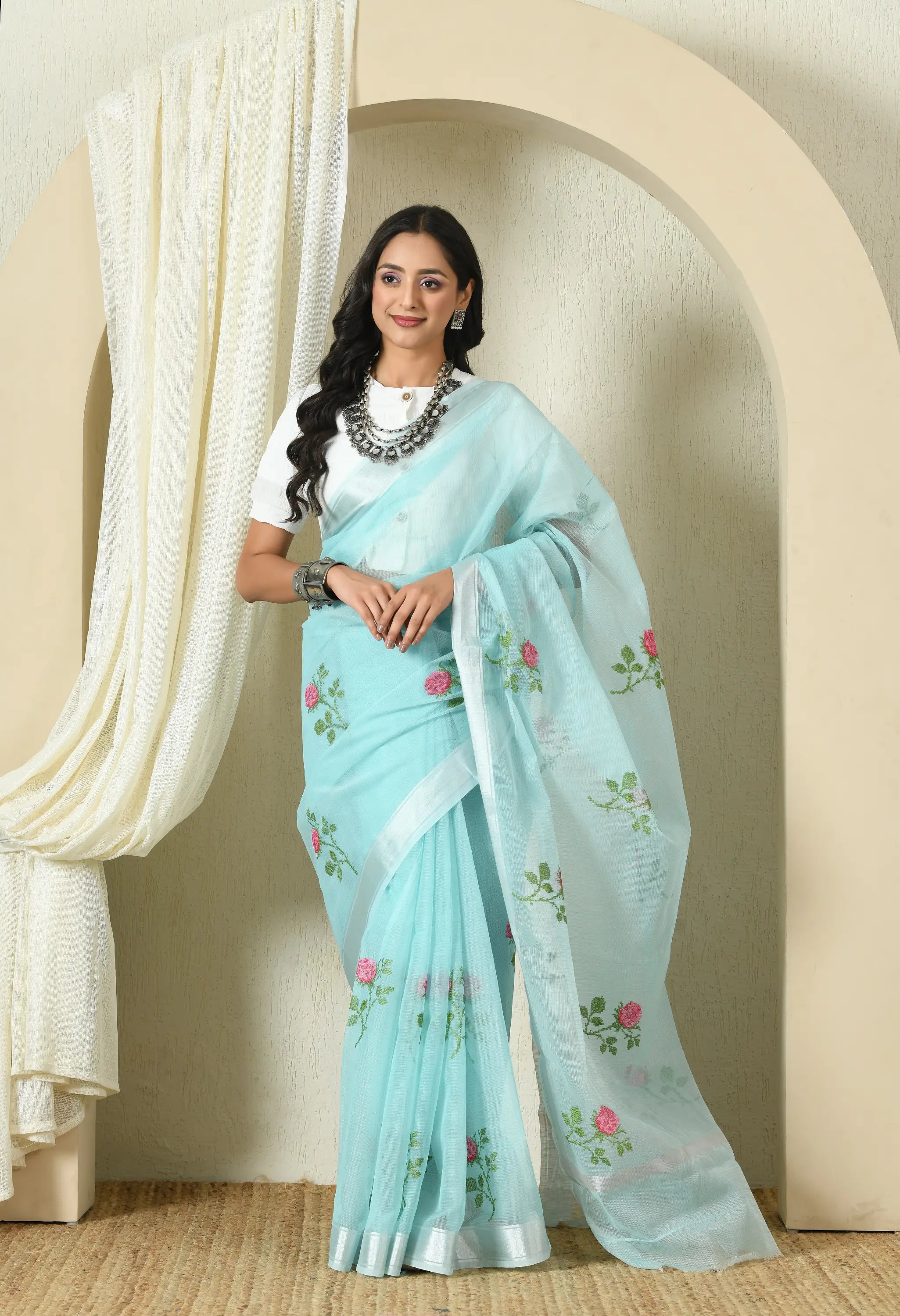 Soft Blue Cotton with Dazzling Floral Embroidery