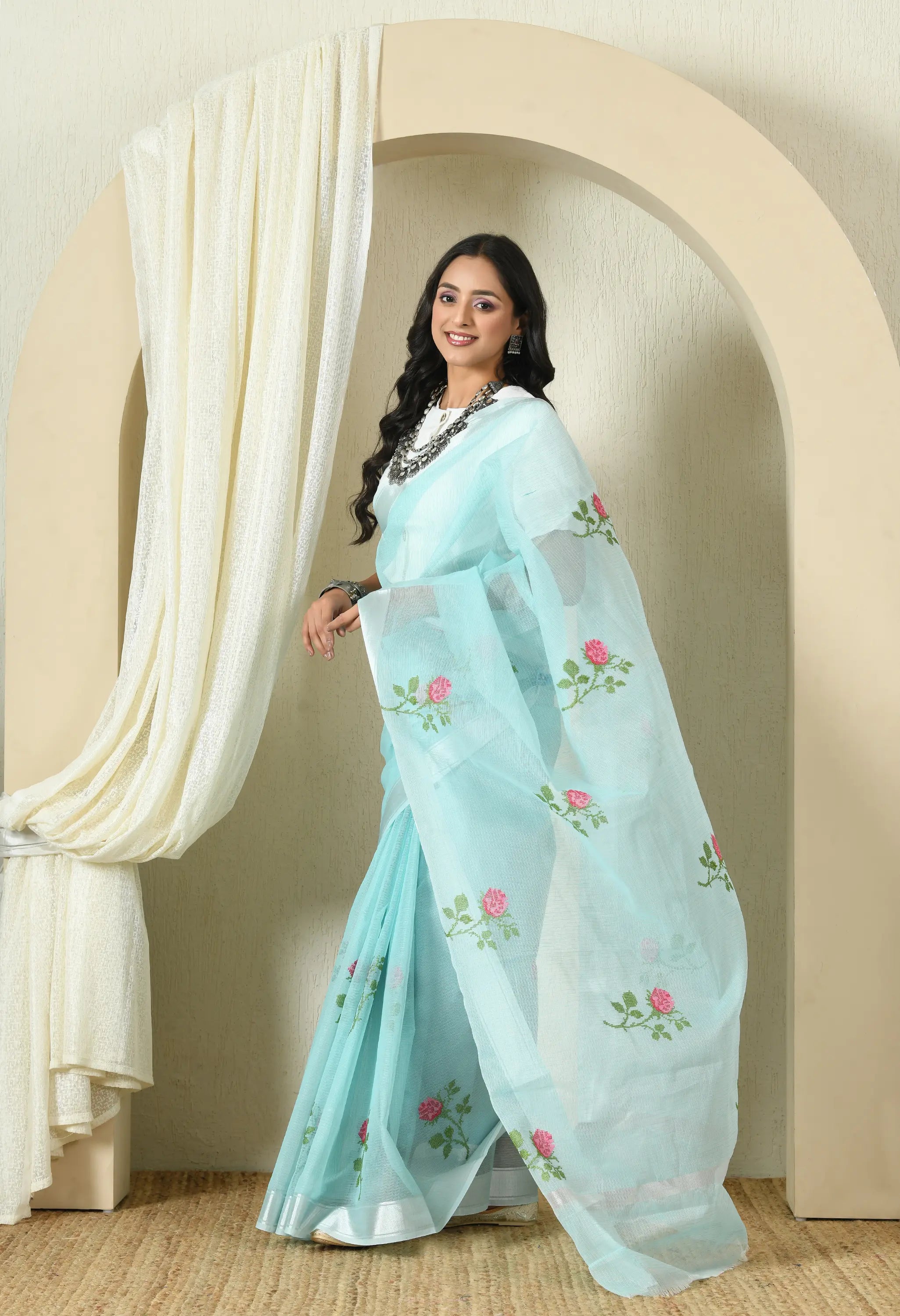 Soft Blue Cotton with Dazzling Floral Embroidery