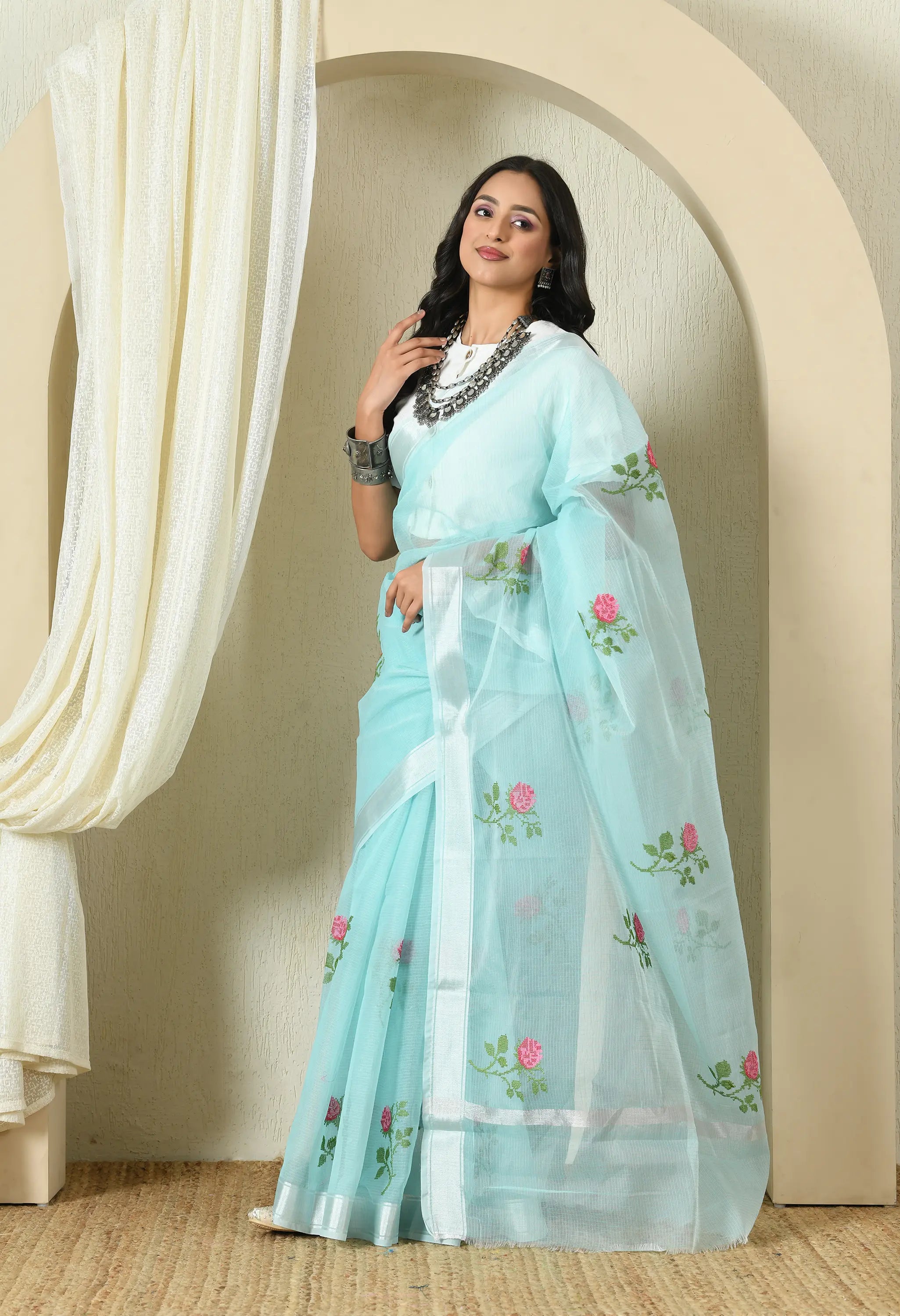 Soft Blue Cotton with Dazzling Floral Embroidery