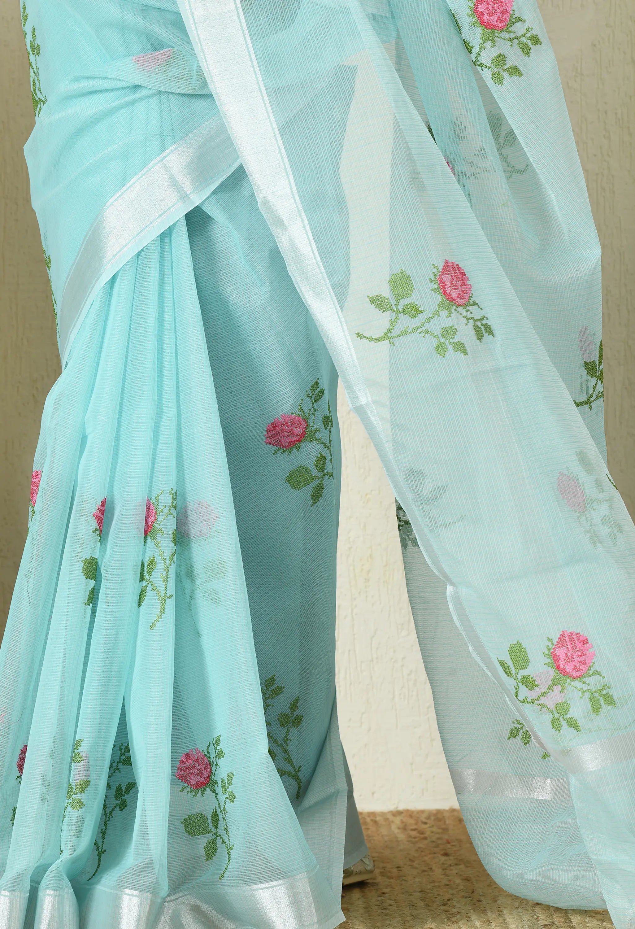 Soft Blue Cotton with Dazzling Floral Embroidery