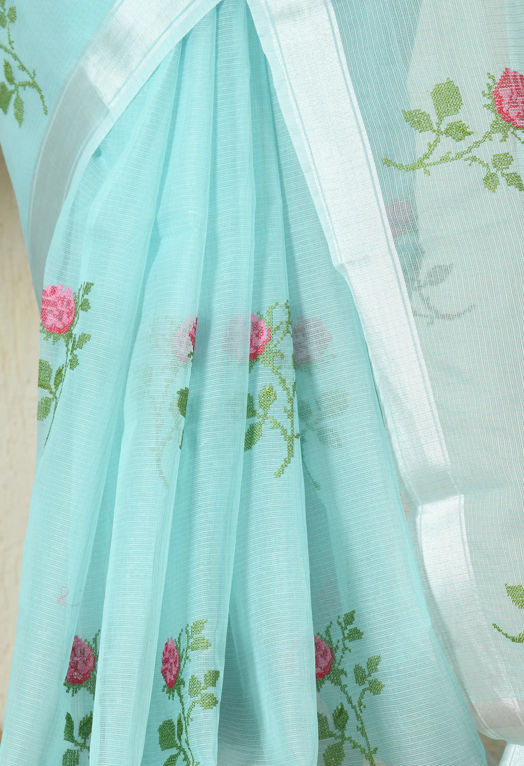 Soft Blue Cotton with Dazzling Floral Embroidery