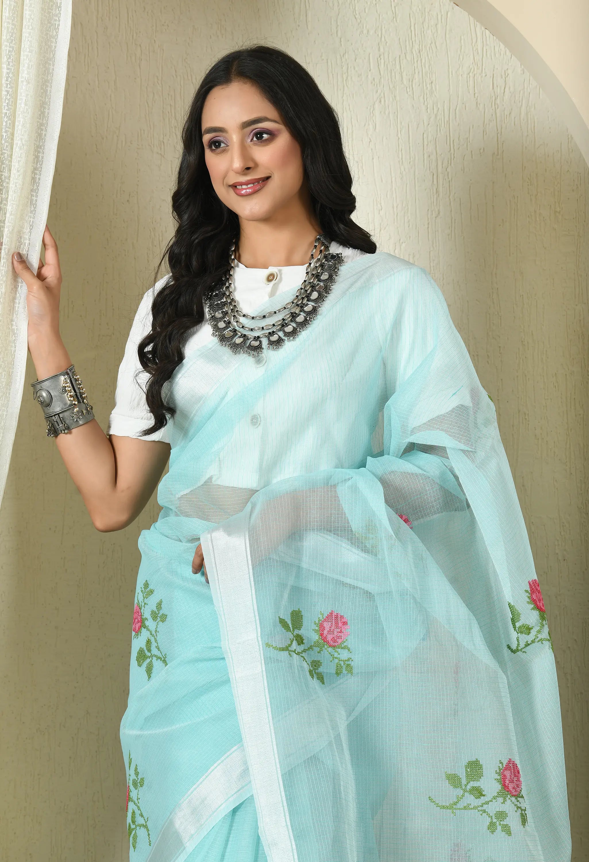 Soft Blue Cotton with Dazzling Floral Embroidery