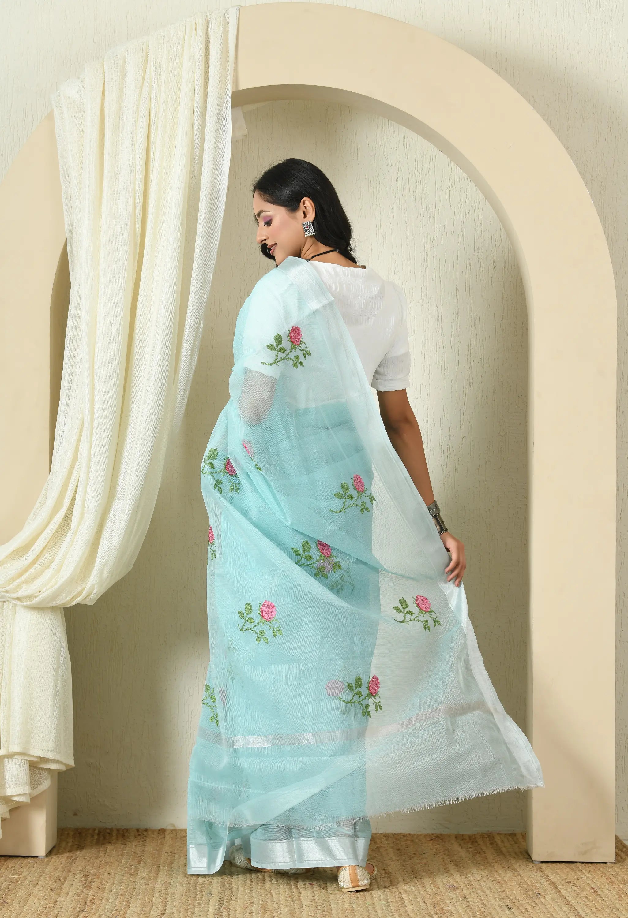 Soft Blue Cotton with Dazzling Floral Embroidery