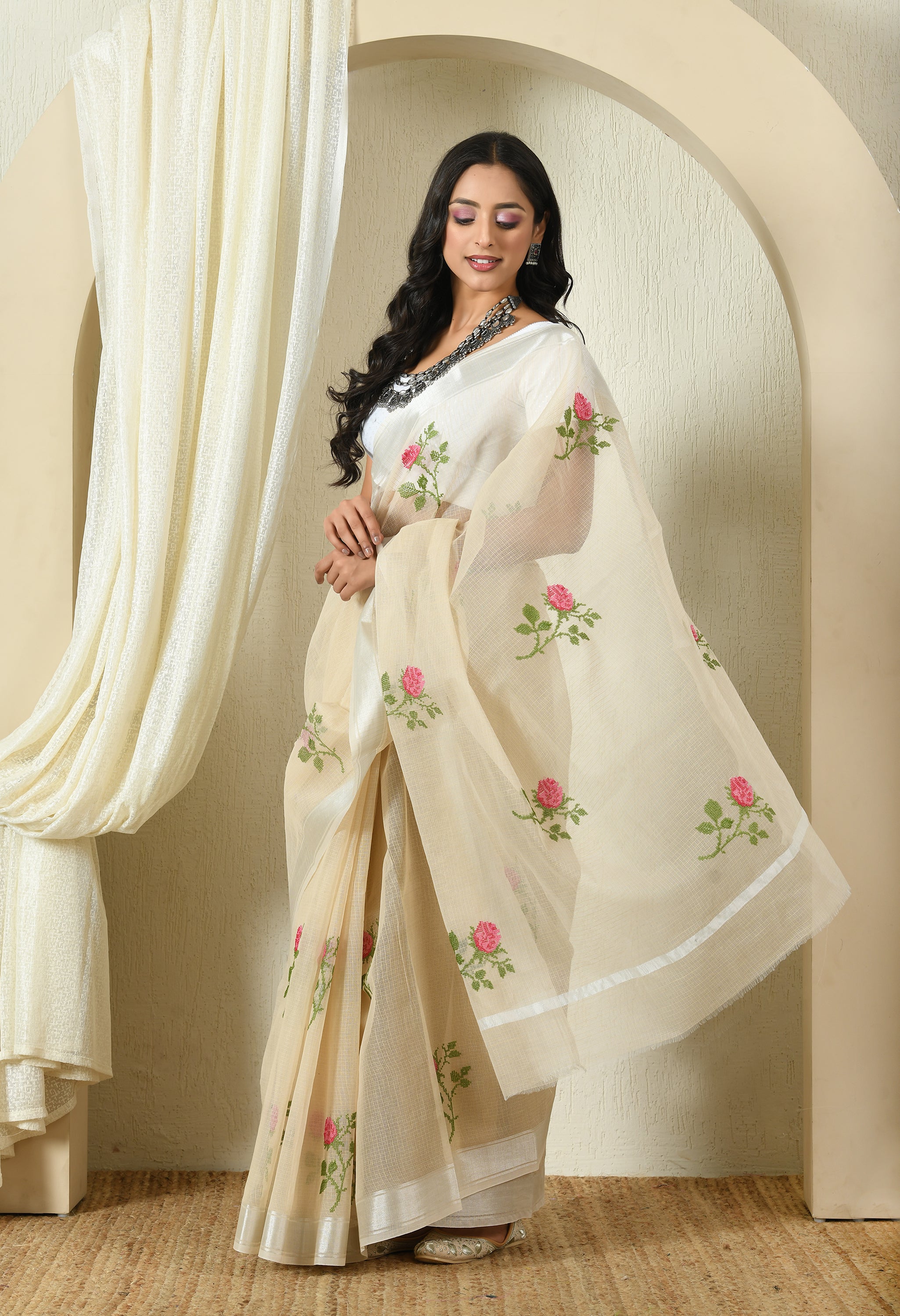 Beige Nude Cotton with Sublime Floral Embroidery