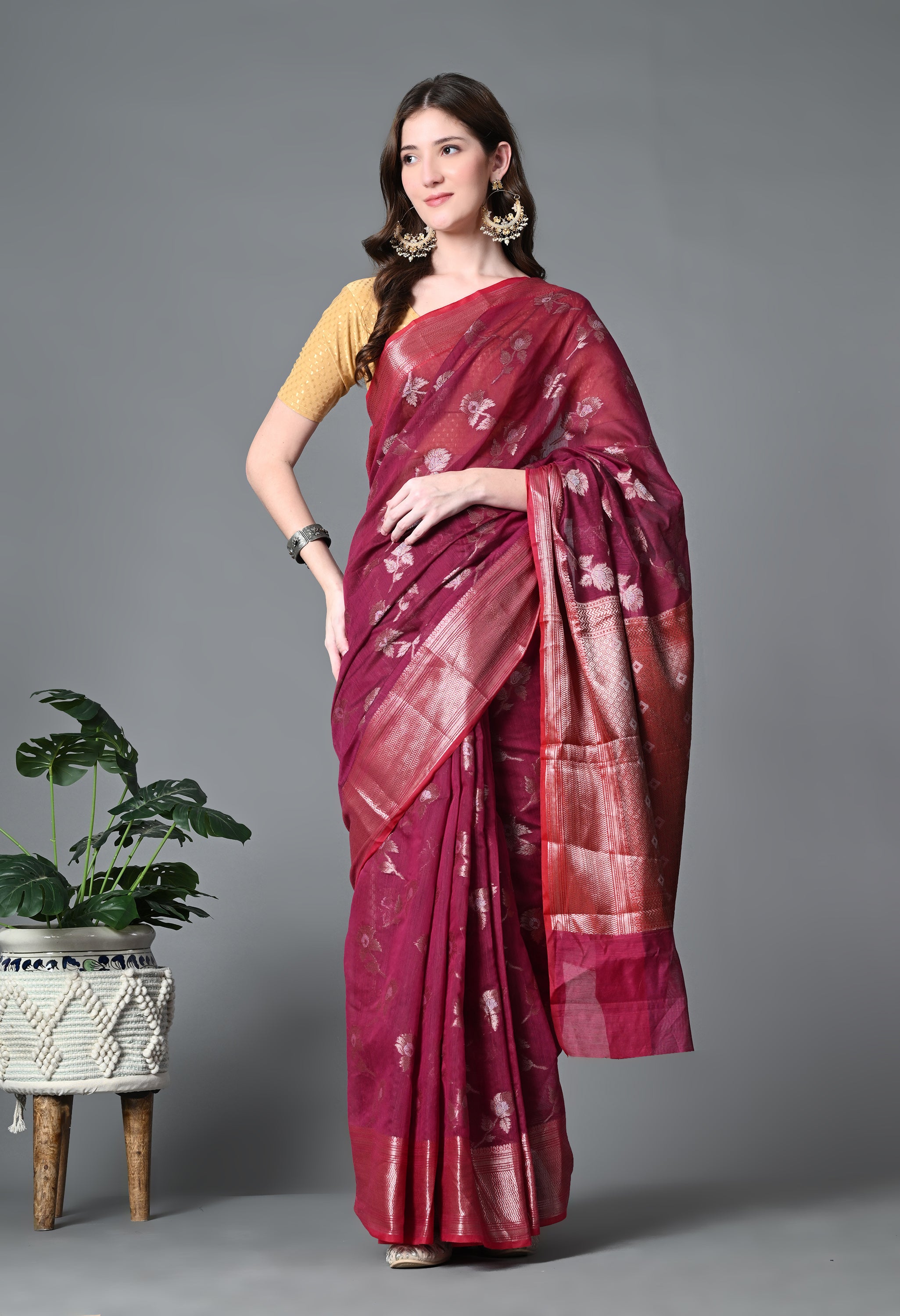 Maroon Kota Cotton Woven Saree with Heavy work